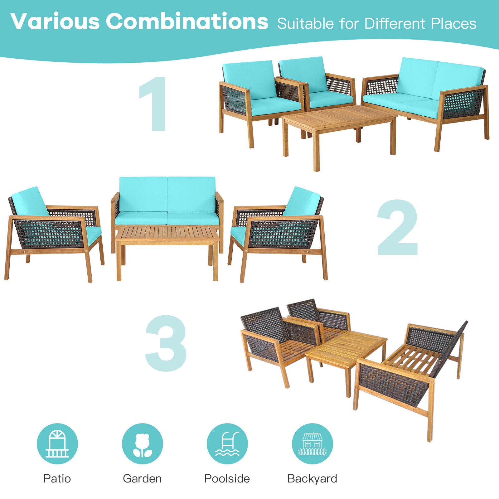 SUGIFT Acacia Wood Frame and Removable Cushions 4-Piece Turquoise Patio Rattan Set