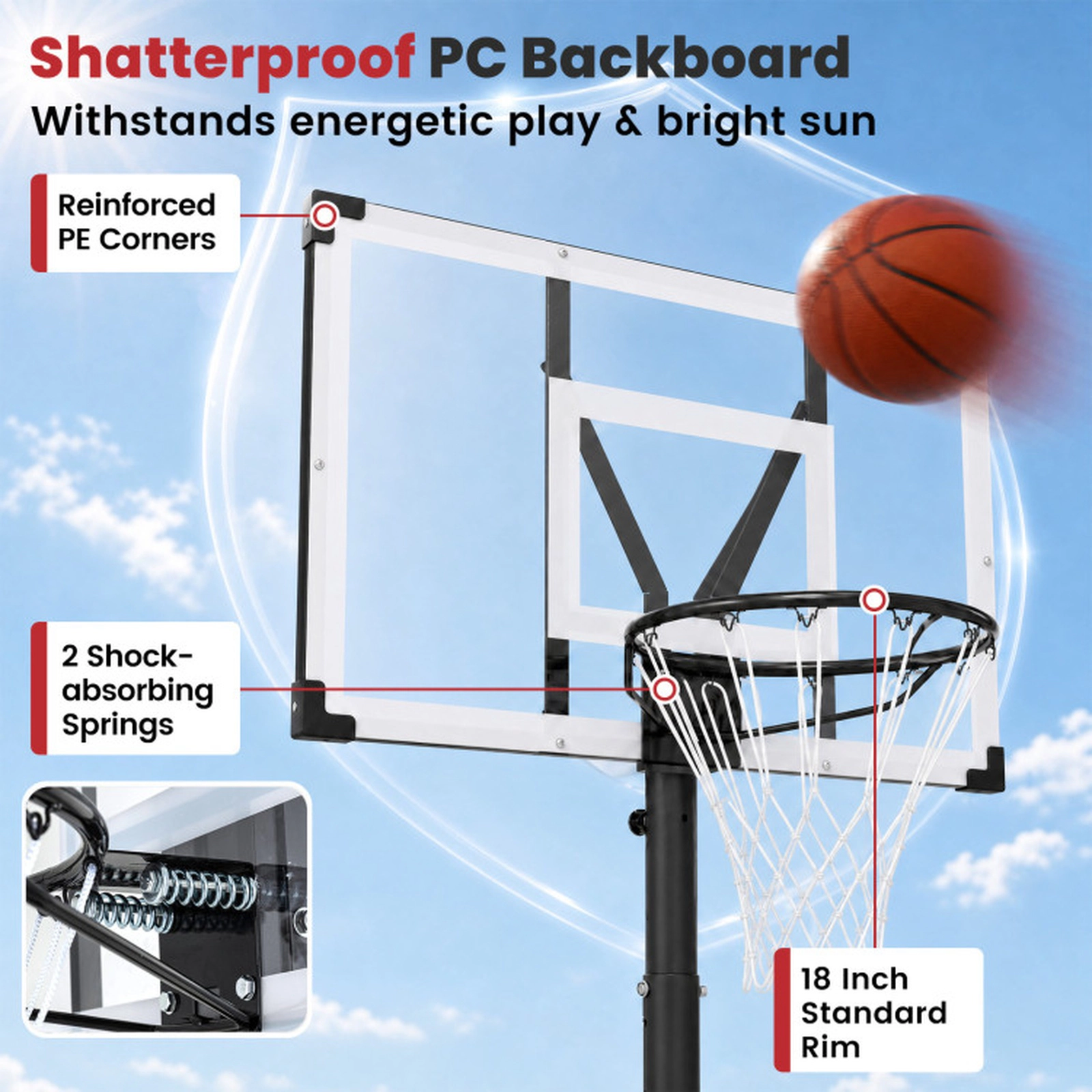 SUGIFT Black Portable Basketball Hoop with Shatterproof PC Backboard and Fillable Base 4.43-ft to 10-ft H 18-in Rim