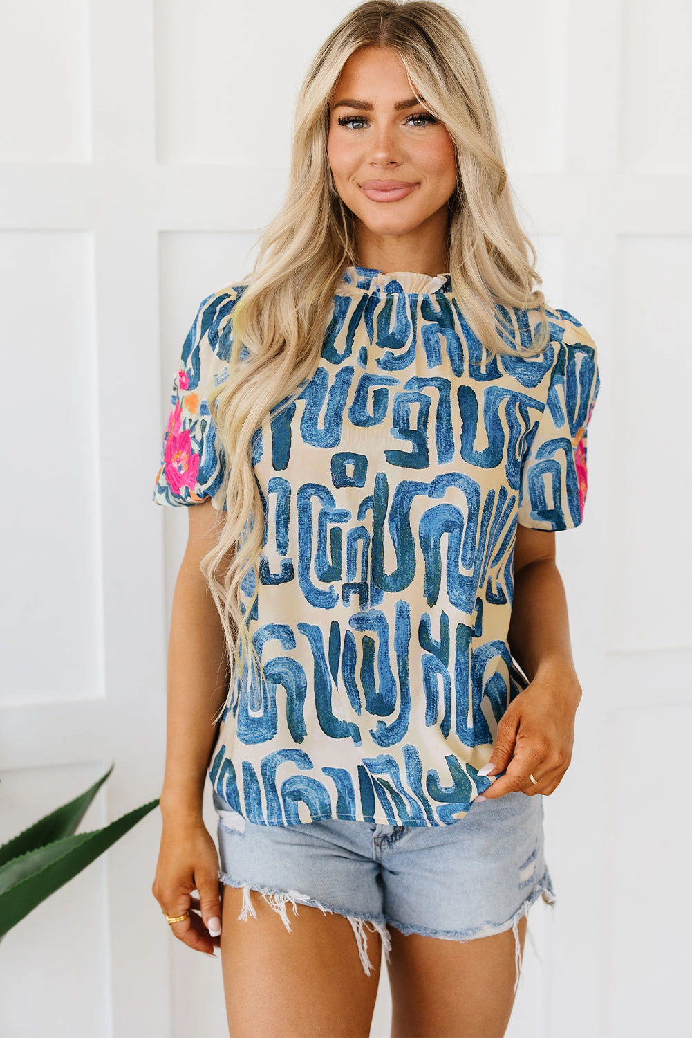 Threaded Pear Women's Lara Puff Sleeve Frilled Neck Printed Top