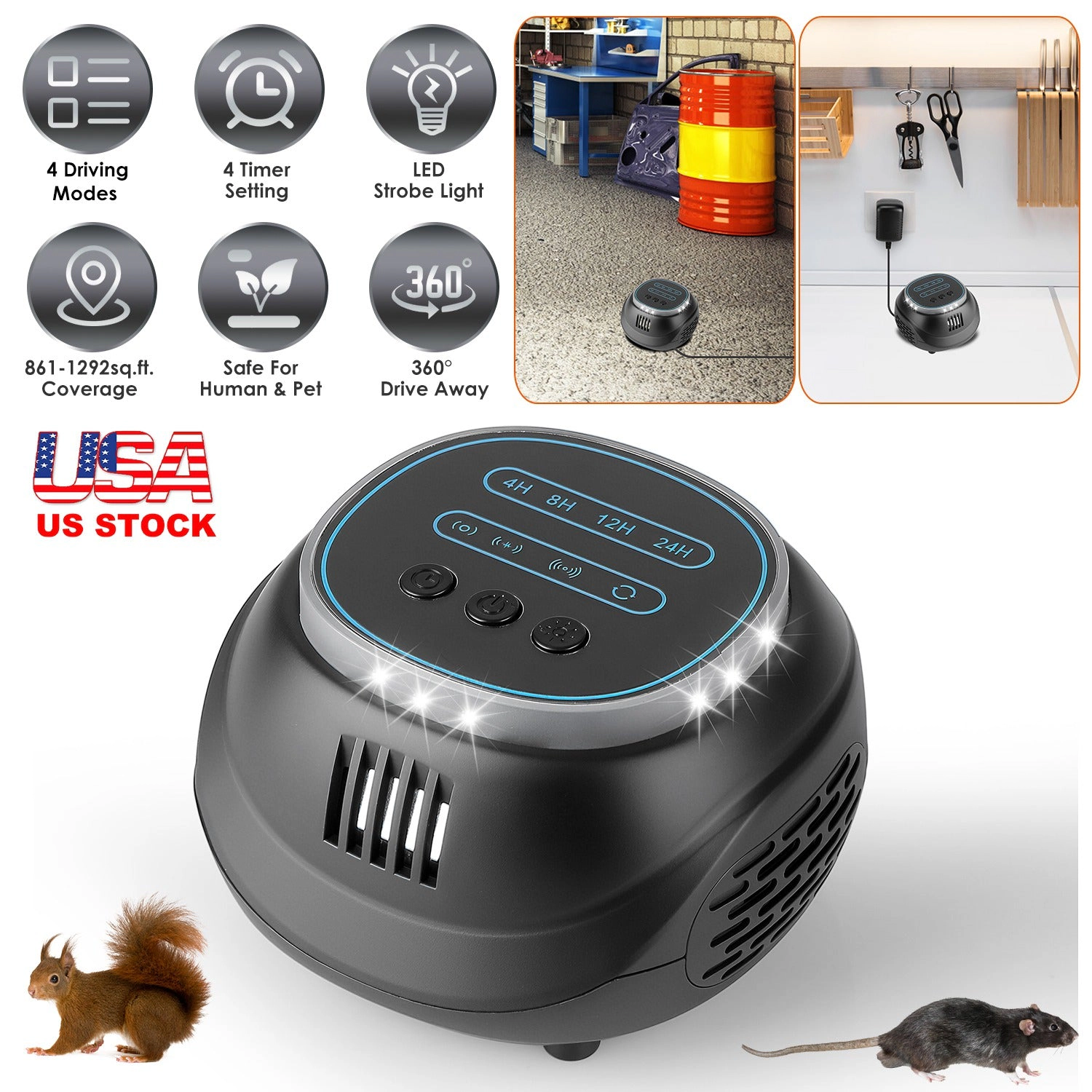 GBruno Ultrasonic Rodent Repellent With Strobe Light