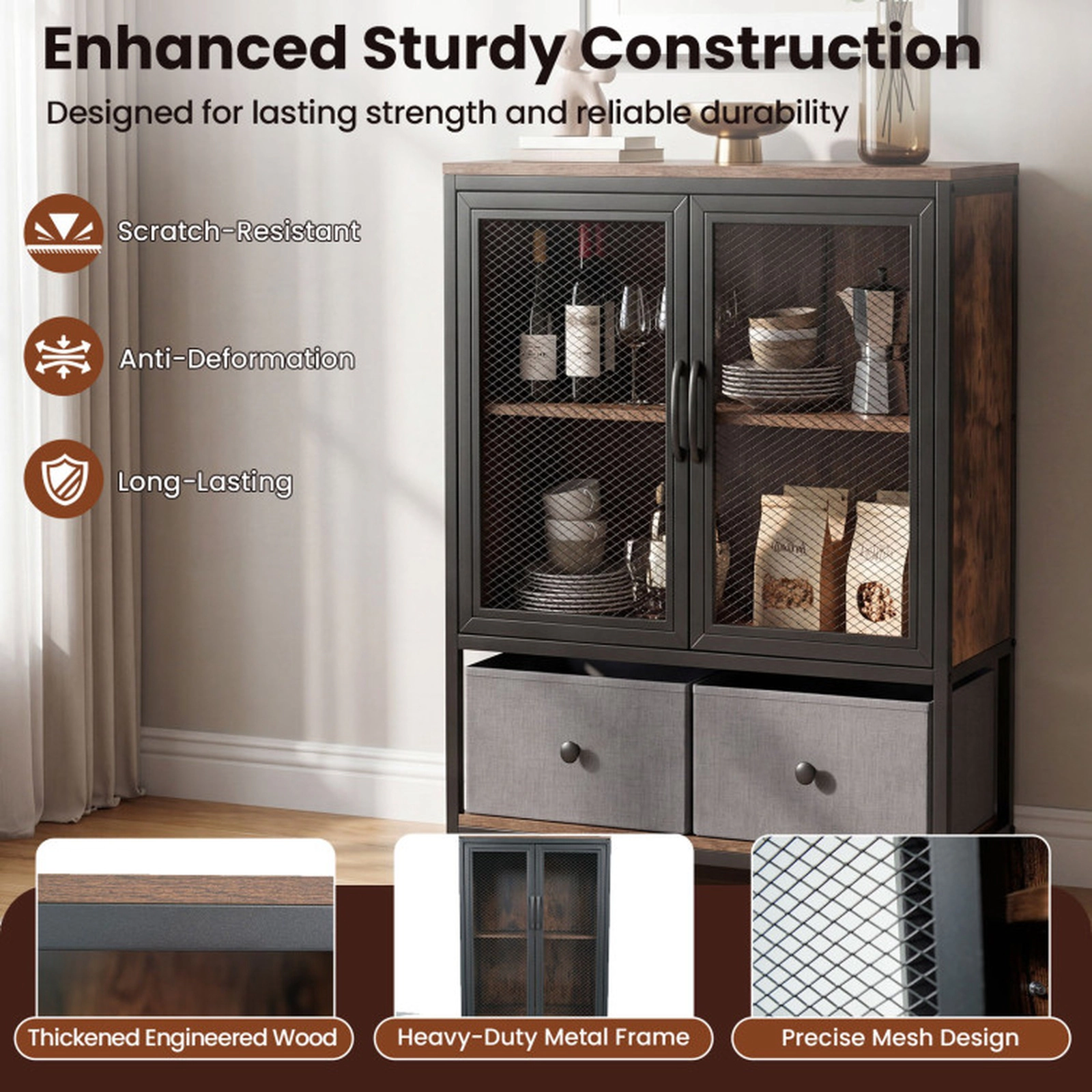 SUGIFT Industrial Coffee Bar Cabinet 2-Tier Storage Compartment 198.5-lb Total Capacity Rustic Brown & Black with Gray