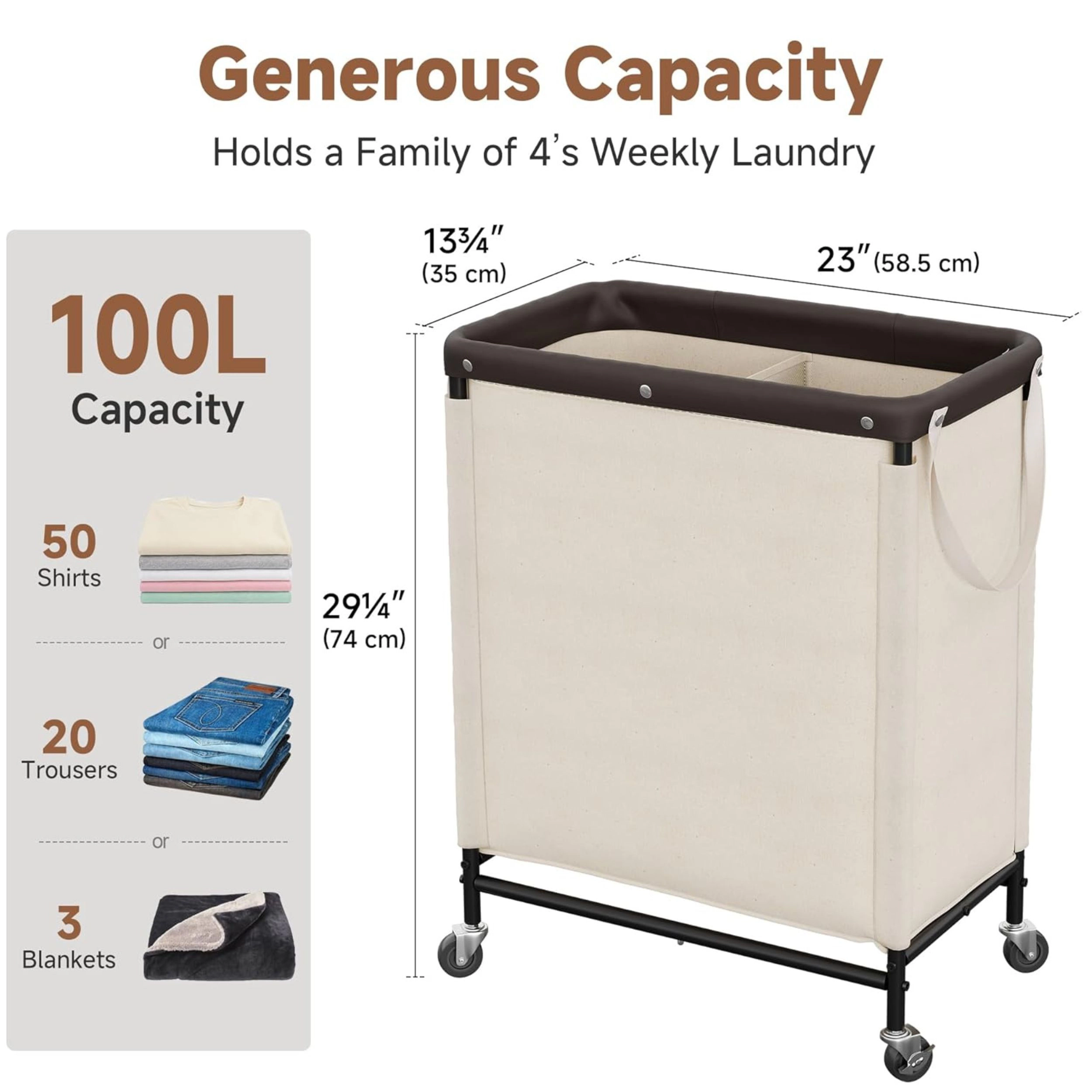 Stock Preferred 2 Section Laundry Hamper 100L Sorter Cart with Wheels Removable Bags Tan