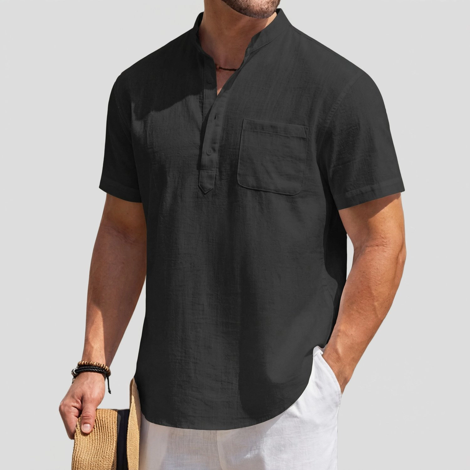 COOFANDY Mens Short Sleeve Henley Shirt Band Collar Chest Pocket Casual  Tops