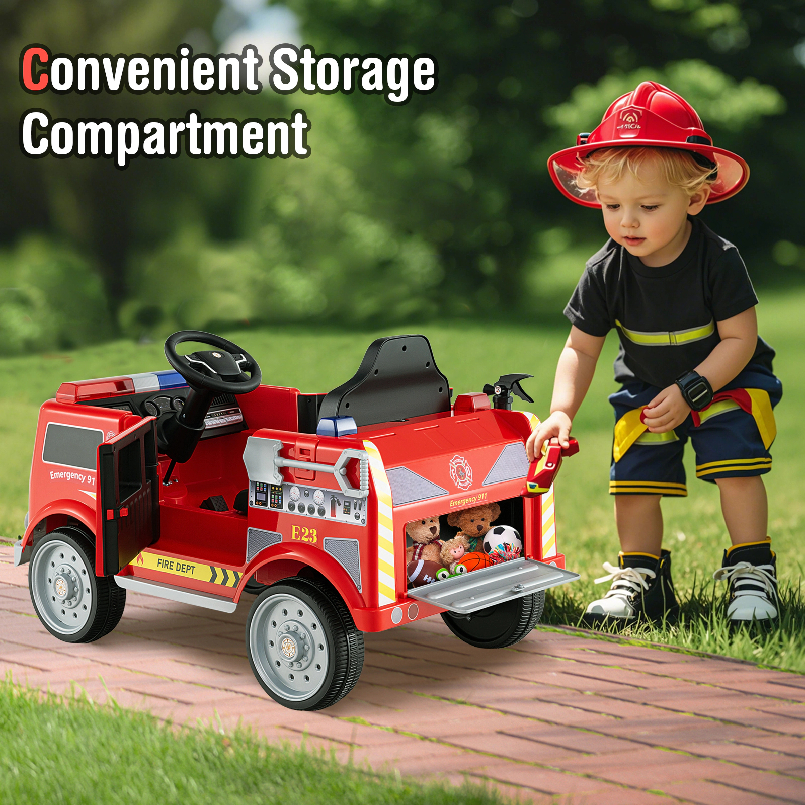 LJG Kids Ride on Fire Truck with Remote Control and Extinguisher