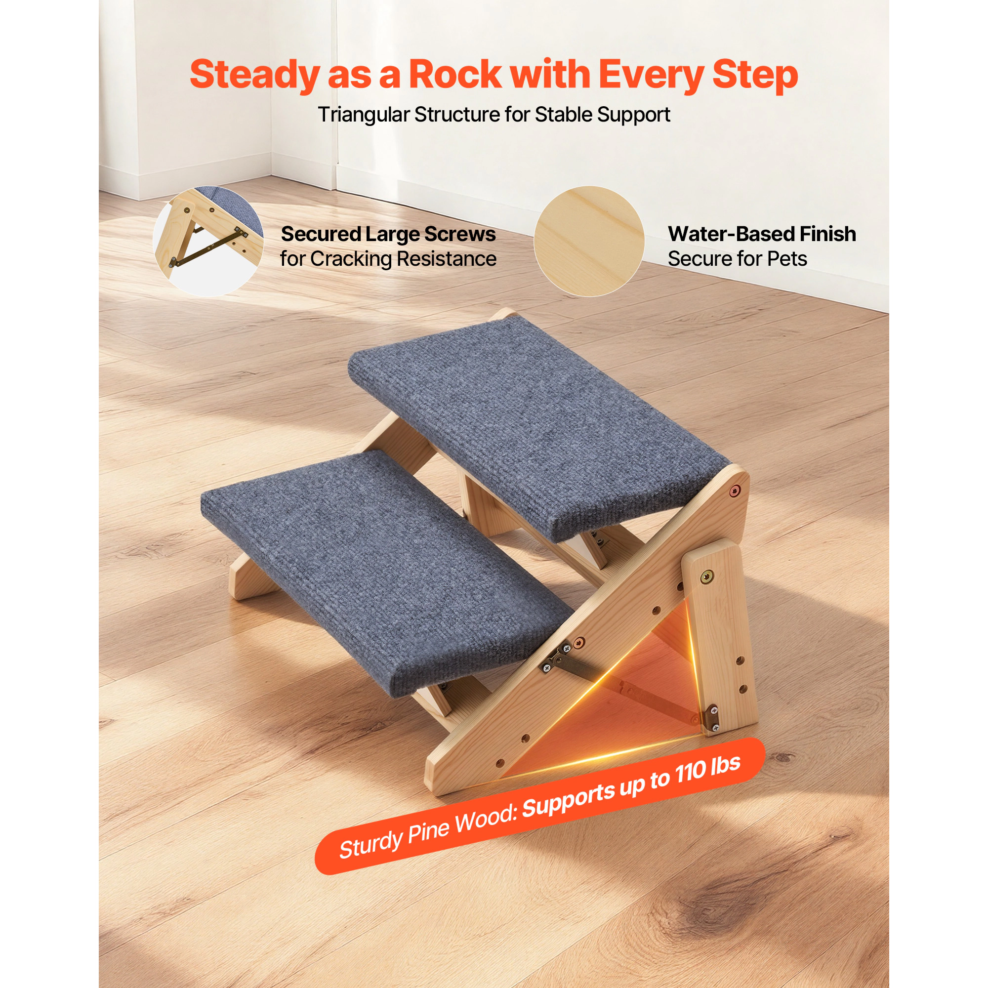HONGGE Foldable 2-Step Wood Dog Stairs for Beds & Sofas, Compact Design, Supports Pets up to 110 lbs