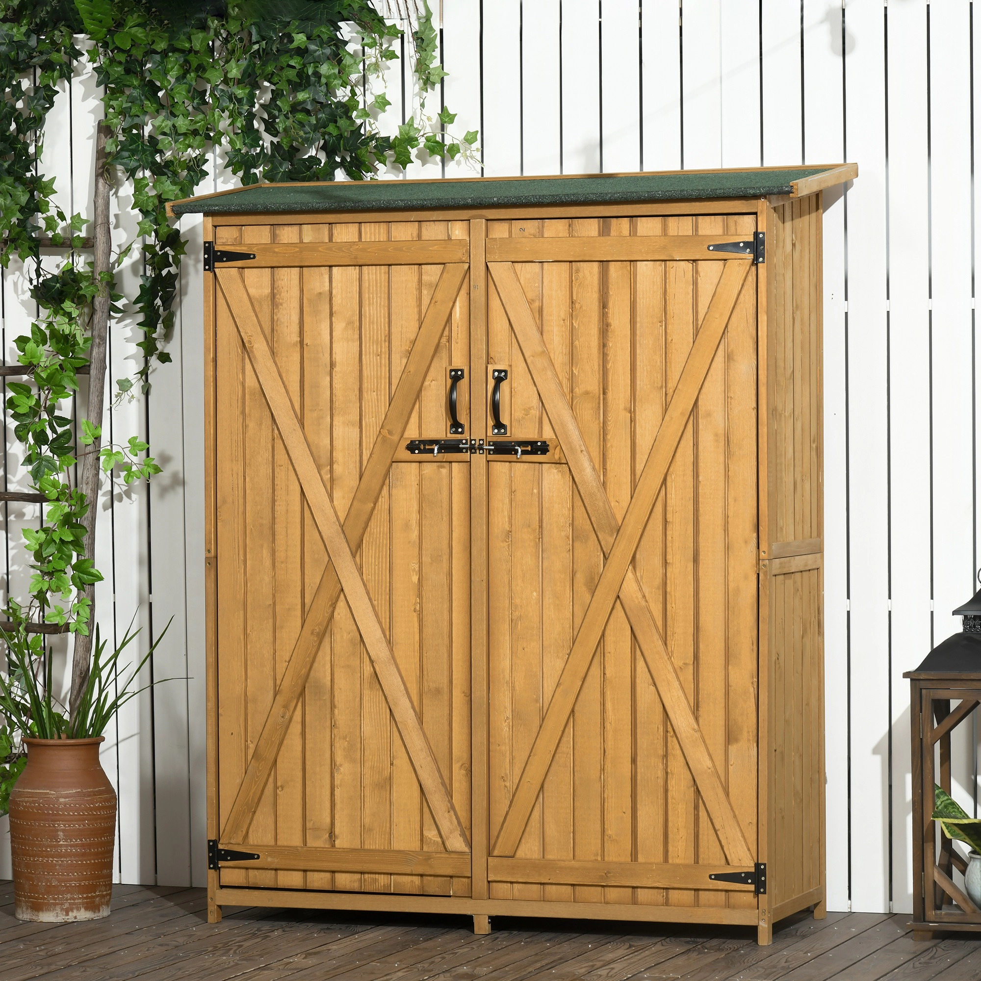 HONGGE Outdoor Storage Cabinet Wooden Garden Shed Utility Tool Organizer with Waterproof Asphalt Rood, Lockable Doors