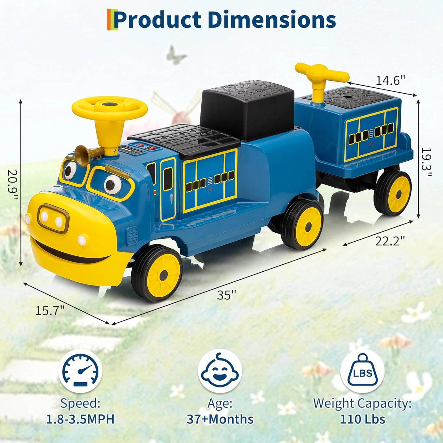 12V 2-Seater Kids Ride On Trackless Train w/ Carriage, Adjustable Seat, Music, LED Lights & Storage for Toddlers 3+