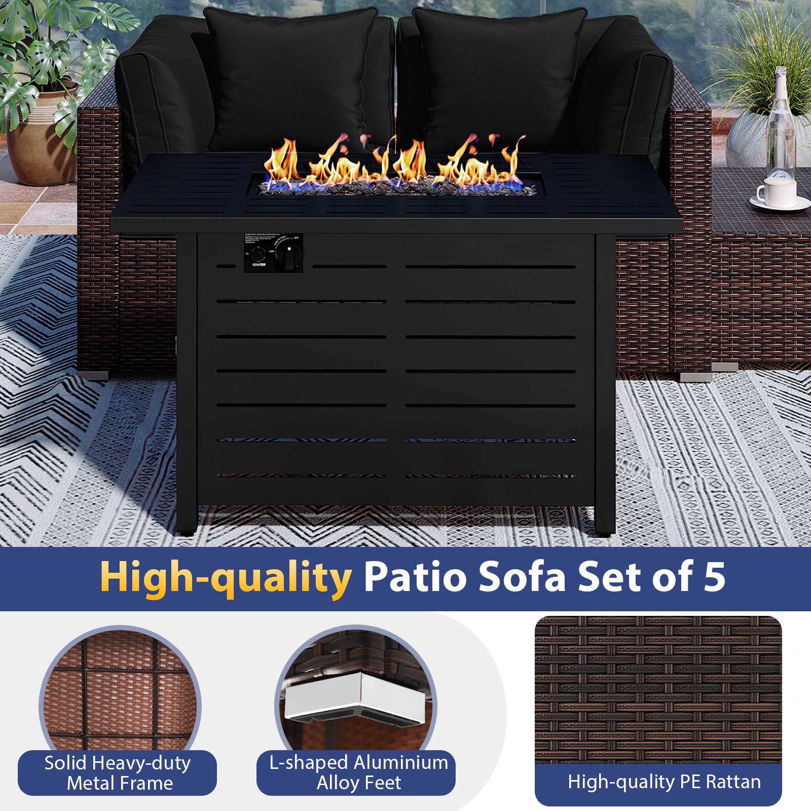 SUGIFT 5 Piece Patio Rattan Sofa Set Black with 60000 BTU Fire Pit Table