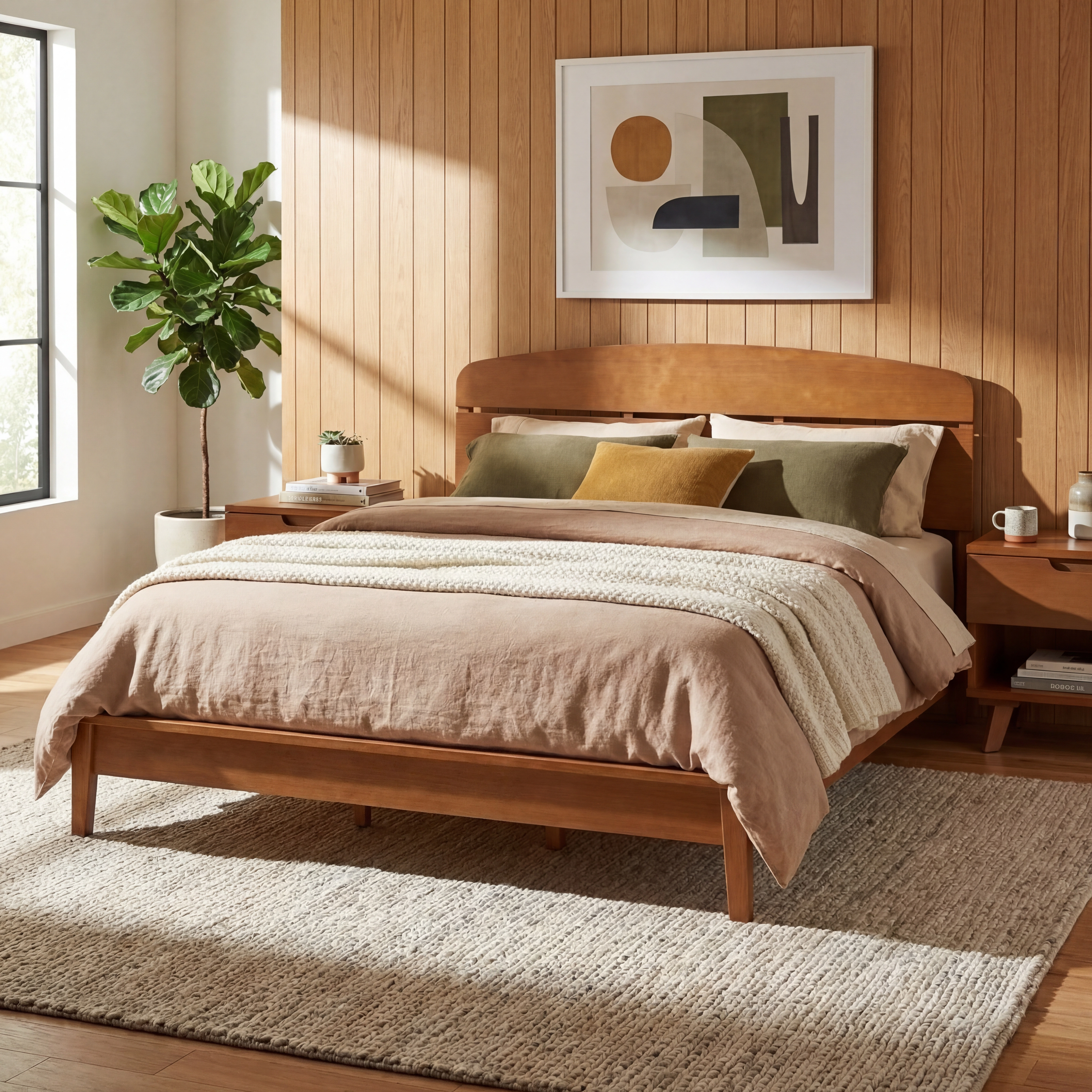 Flynama King Solid Wood Platform Bed with Curved Headboard, Slat Support
