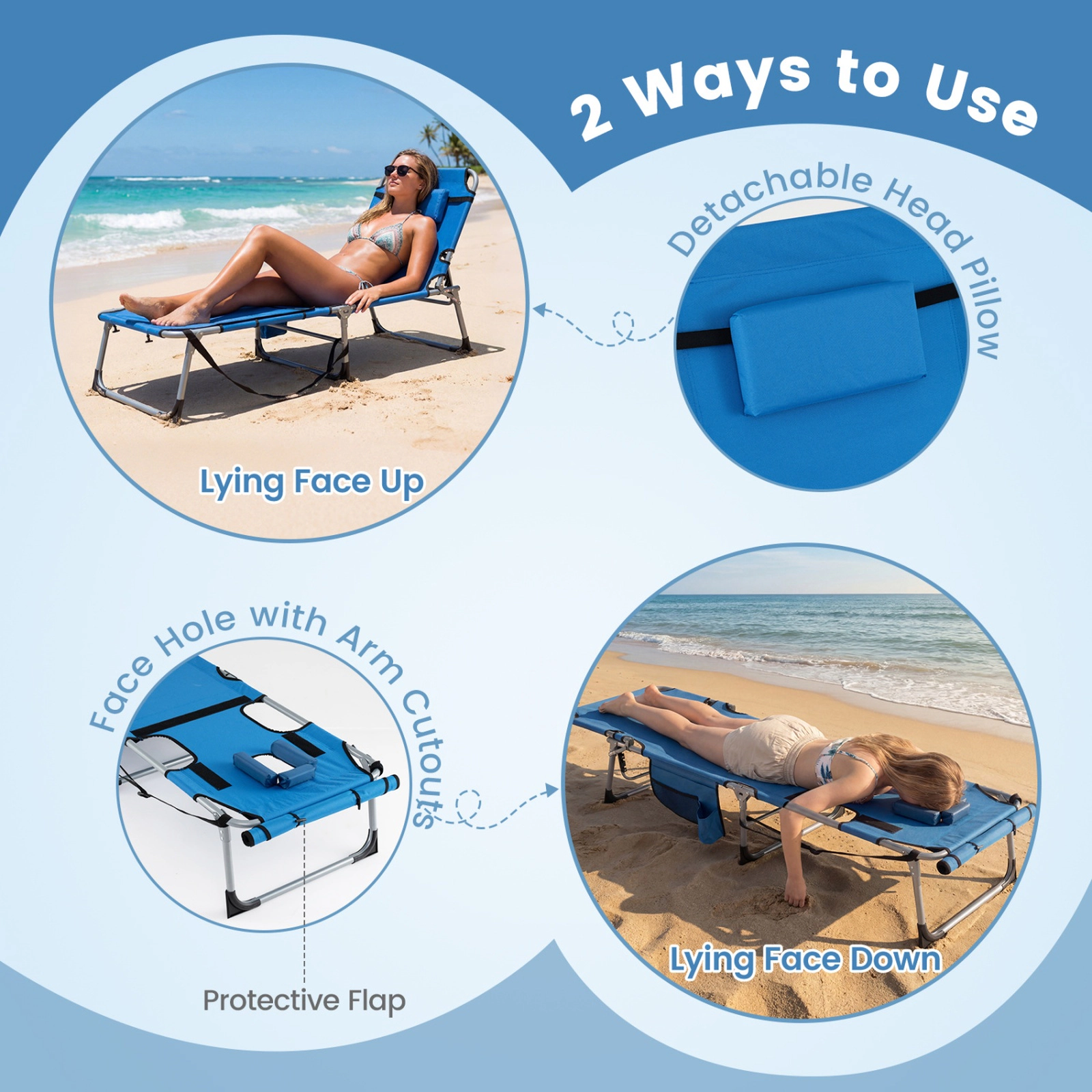 SUGIFT 4-Position Tanning Chair with Face and Arm Holes Portable Sunbathing Chaise 330-lb Capacity 76.5-in Long Blue