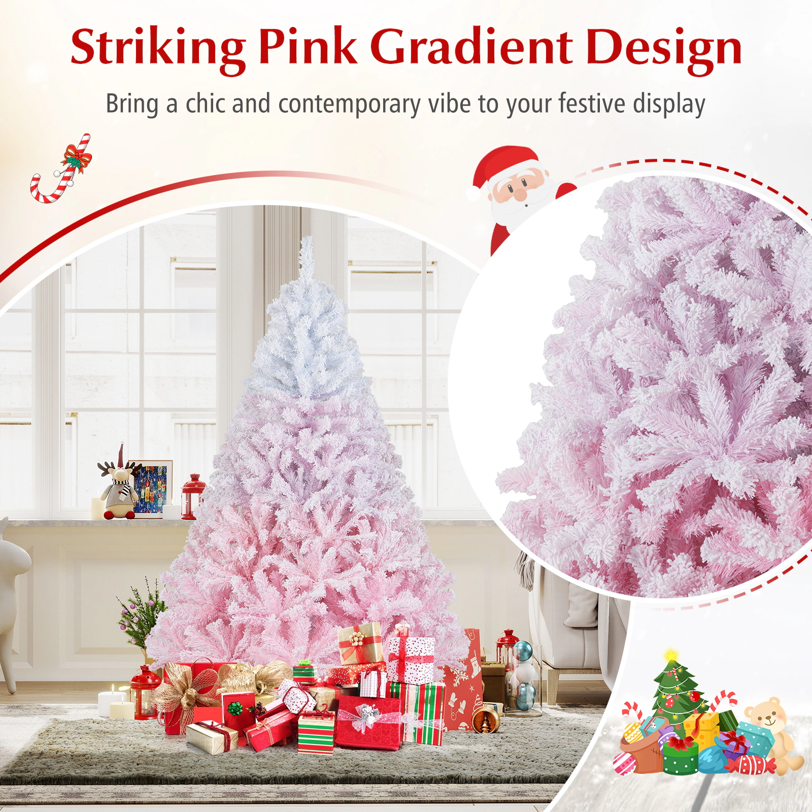 SUGIFT Gradient Flocked Artificial Christmas Tree with Folding Metal Stand 456 Branch Tips 6-ft White & Pink