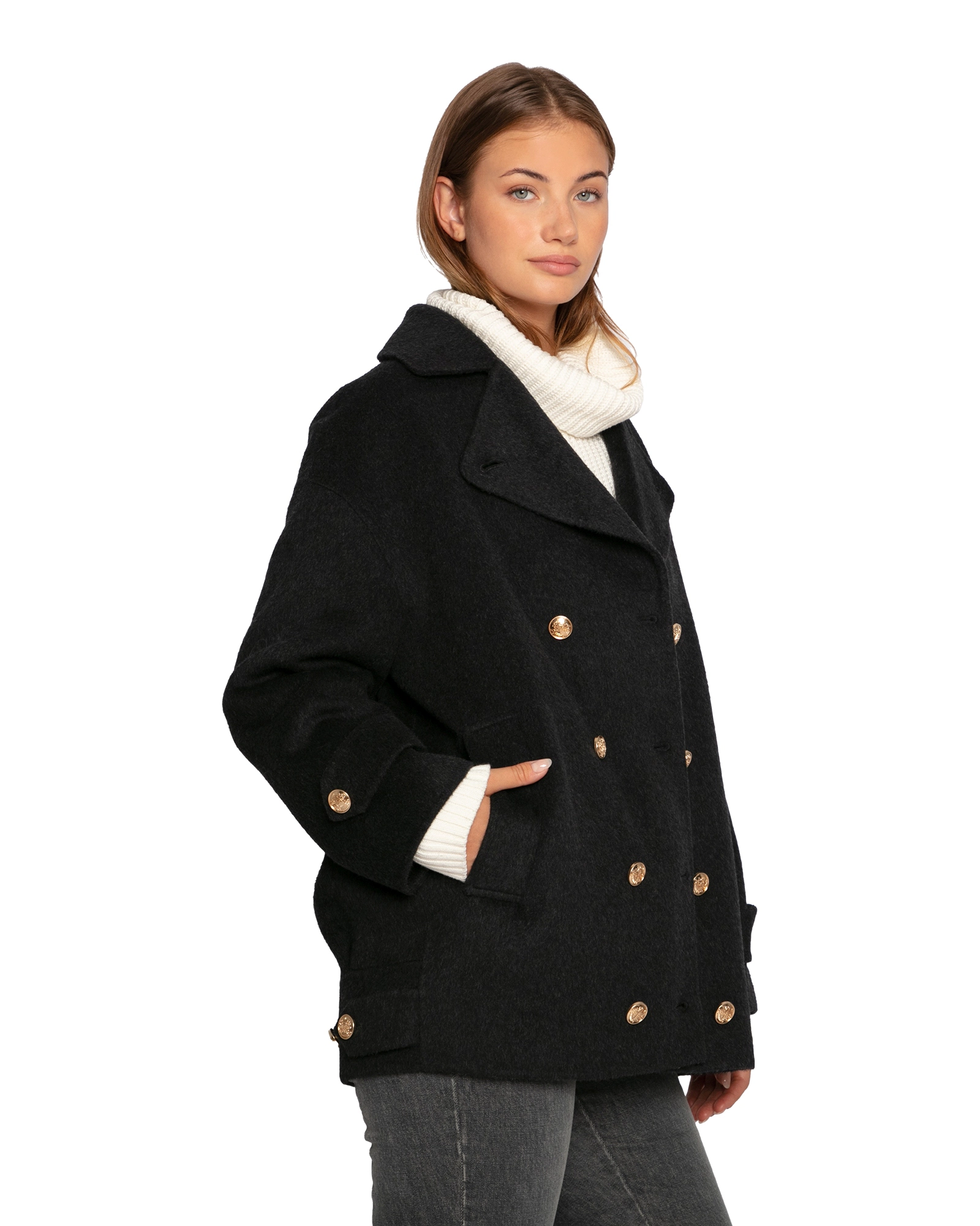 Belle & Bloom Right and Forward Double Breasted Wool Blend Pea Coat