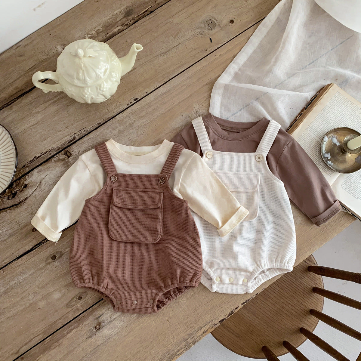 MyKids-USA Baby Cartoon Print Tops With Waffle Fabric Strap bodysuit Sets