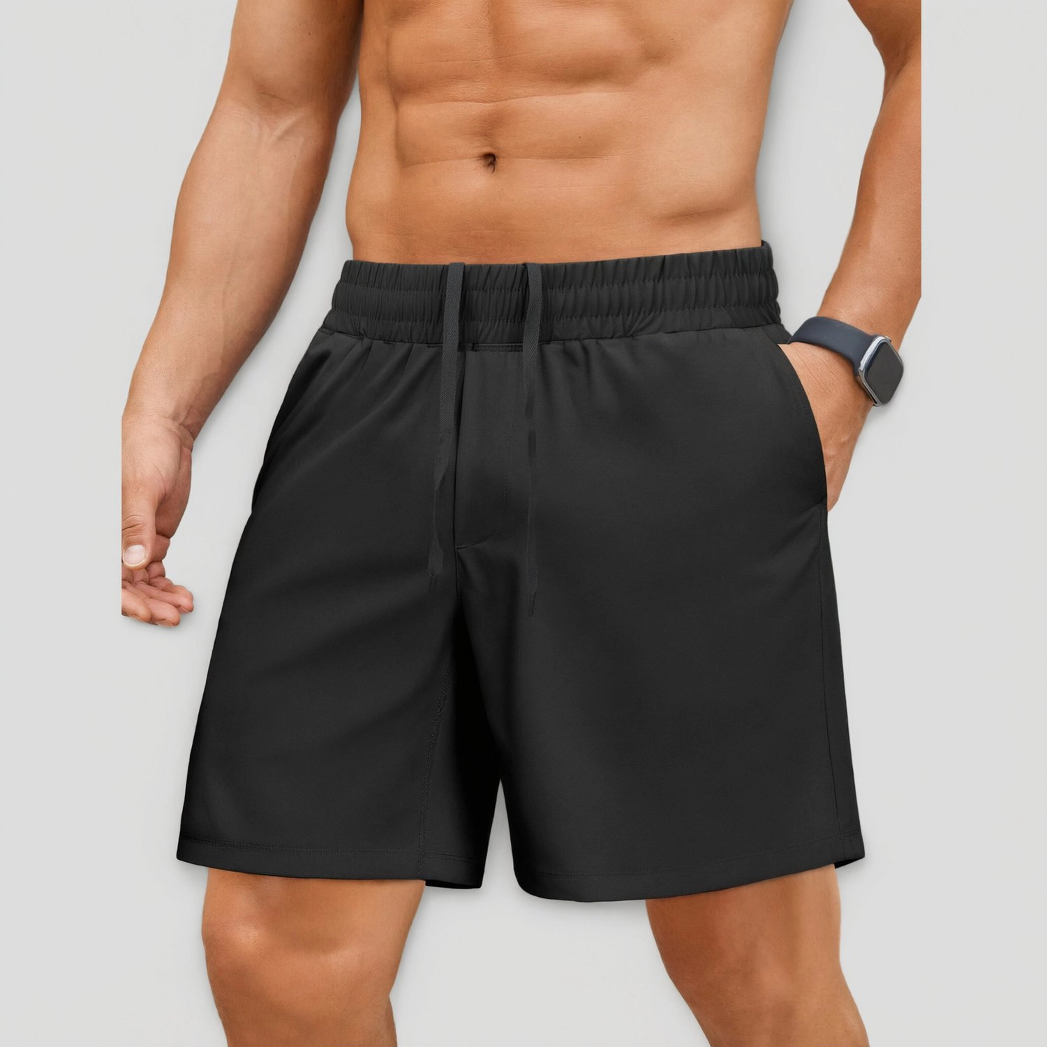 Pinspark Mens Solid Workout Shorts Elastic Waist Drawstring Gym Deep Pockets