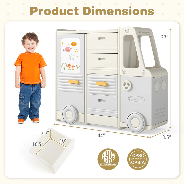 Hivvago Kids Toy Storage Organizer Bus-shaped Children Cabinet with 4 Pull-out Drawers with Handles