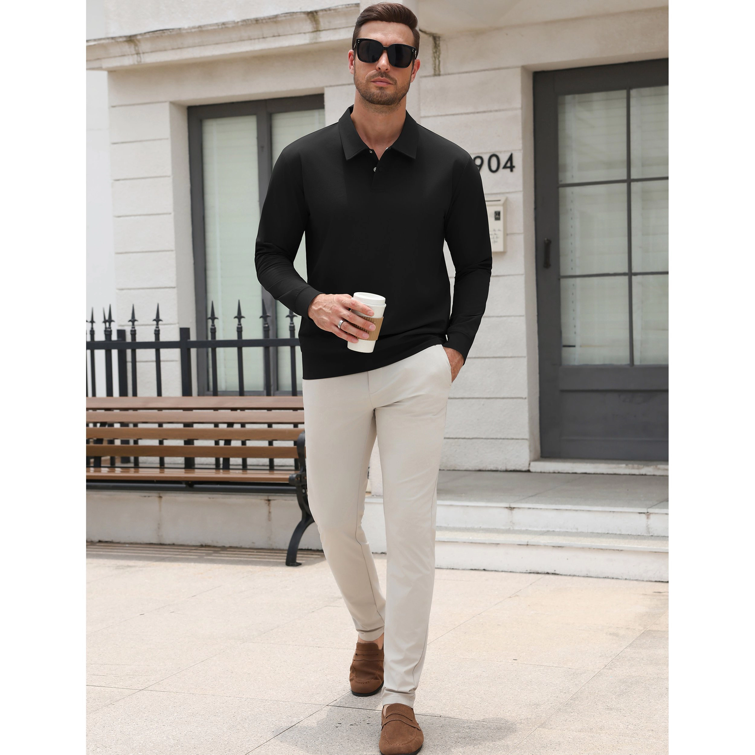 COOFANDY Men's Regular Fit Long Sleeve Collar Neck Polo Shirt