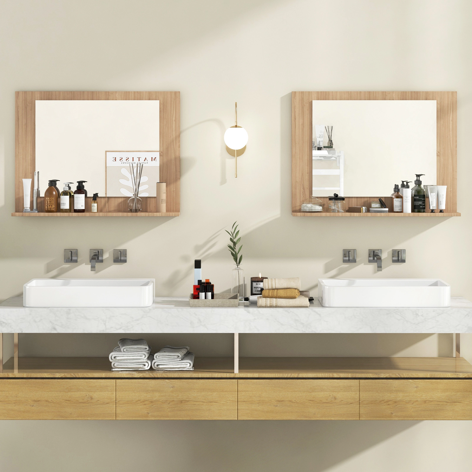 SUGIFT Wall-Mount Rectangle Bathroom Mirror with Storage Shelf 23.5 x 17.5 in Brown Wood Frame