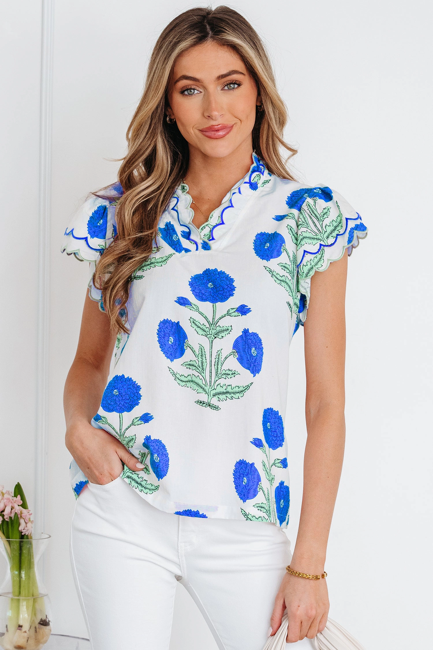 Threaded Pear Women's Raegan Detail Short Sleeve Blouse