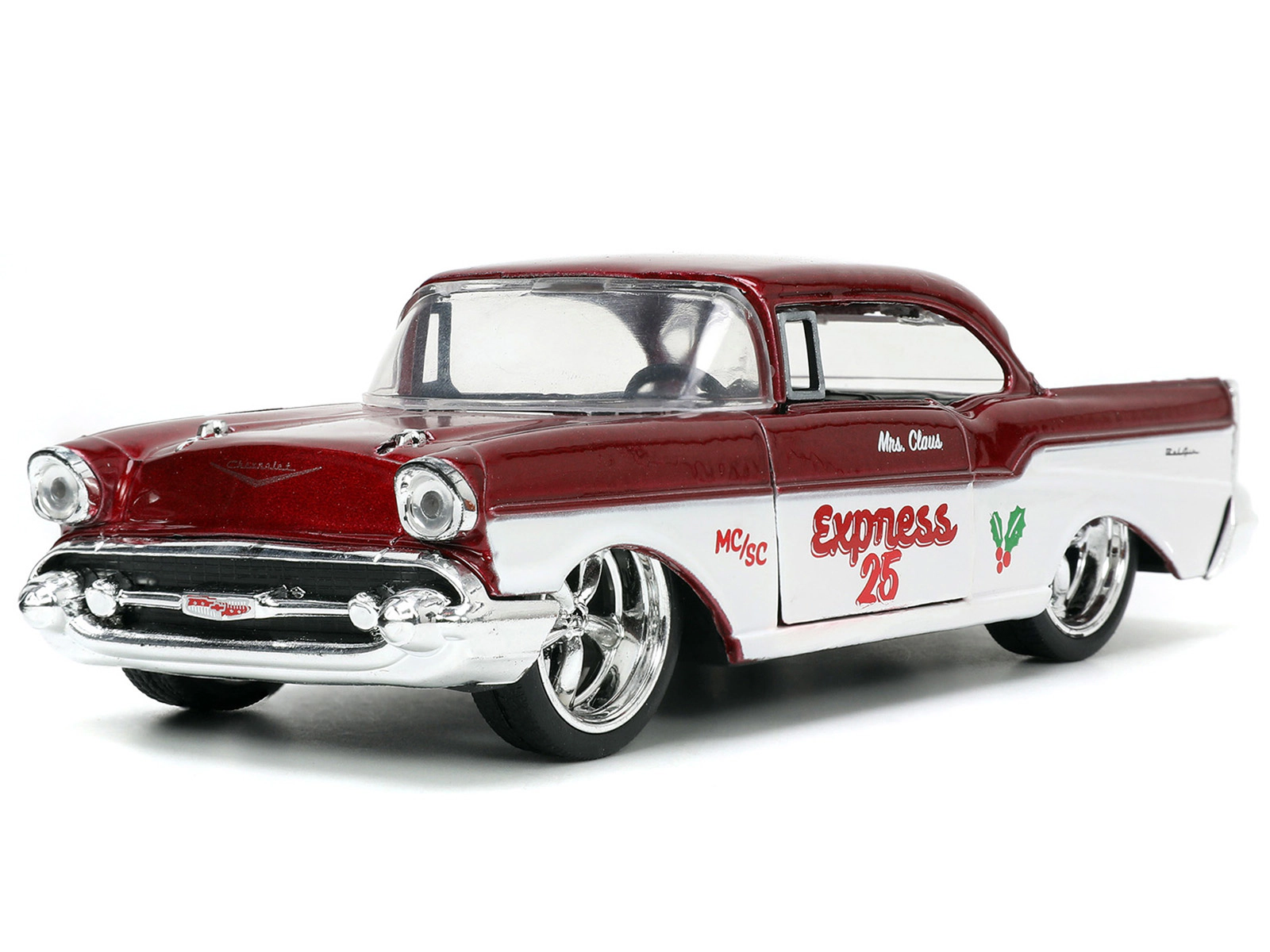 Jada 1941 Ford Pickup Truck Red And White "Santa'S Workshop" And 1957 Chevrolet Bel Air Red Metallic And White