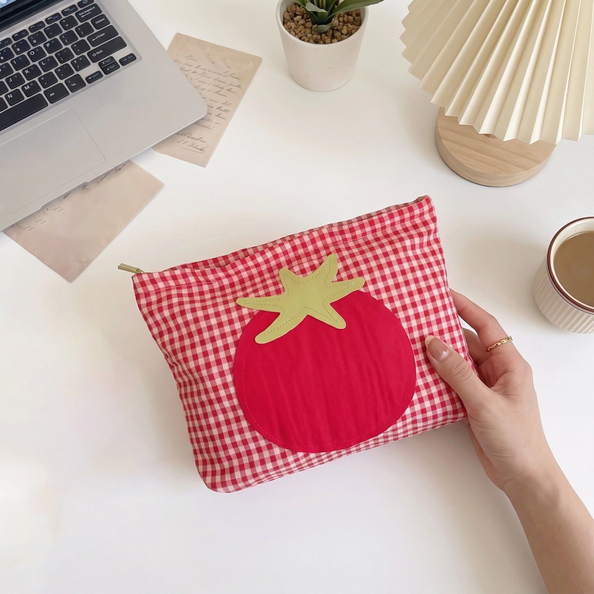 Alilang Unisex Tomato Applique Gingham Zippered Cosmetic Bag
