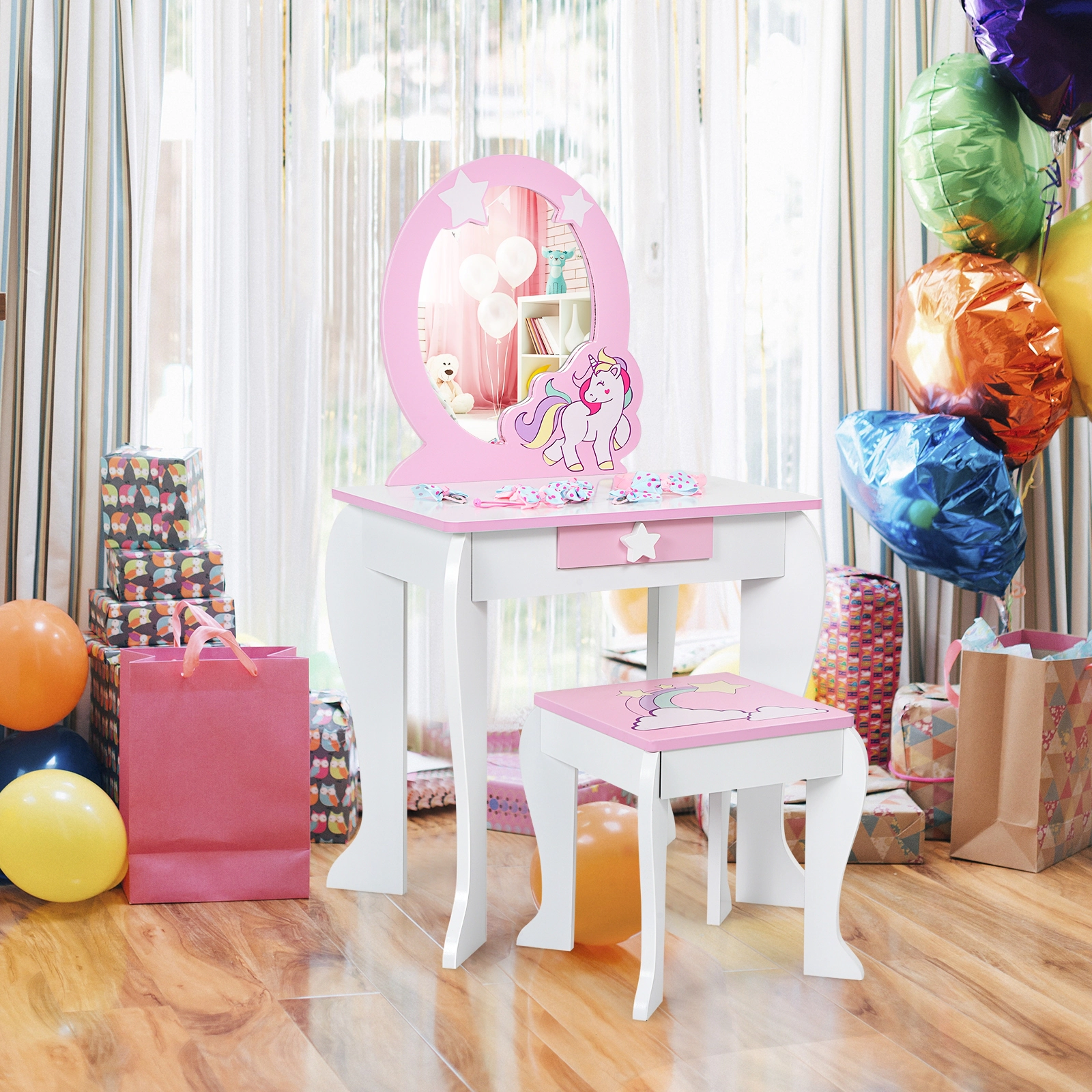 SUGIFT White and Pink Kids Vanity Table and Stool Set with Removable Mirror Top