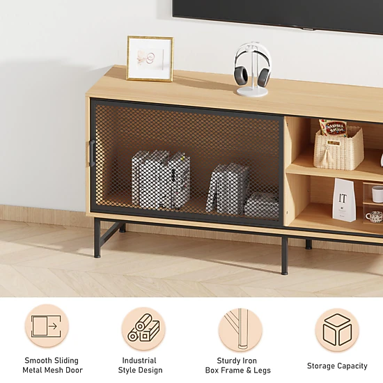 BebreezChic 63 Inch Modern Industrial TV Stand for Living Room for TV up to 70"–Metal Mesh Sliding Doors