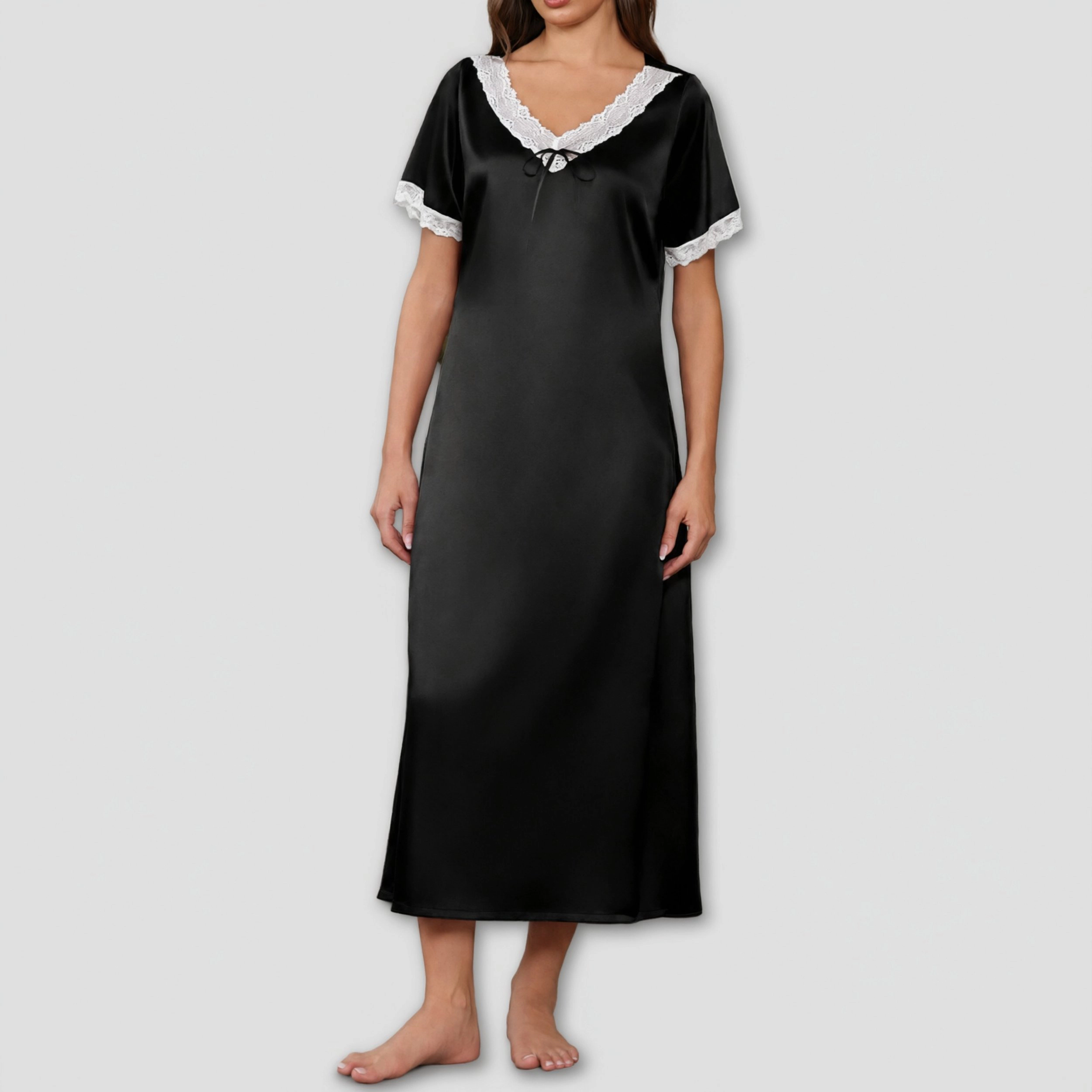 Ekouaer Women's Satin Long Nightgown with Lace Trim and V-Neck Bow Tie