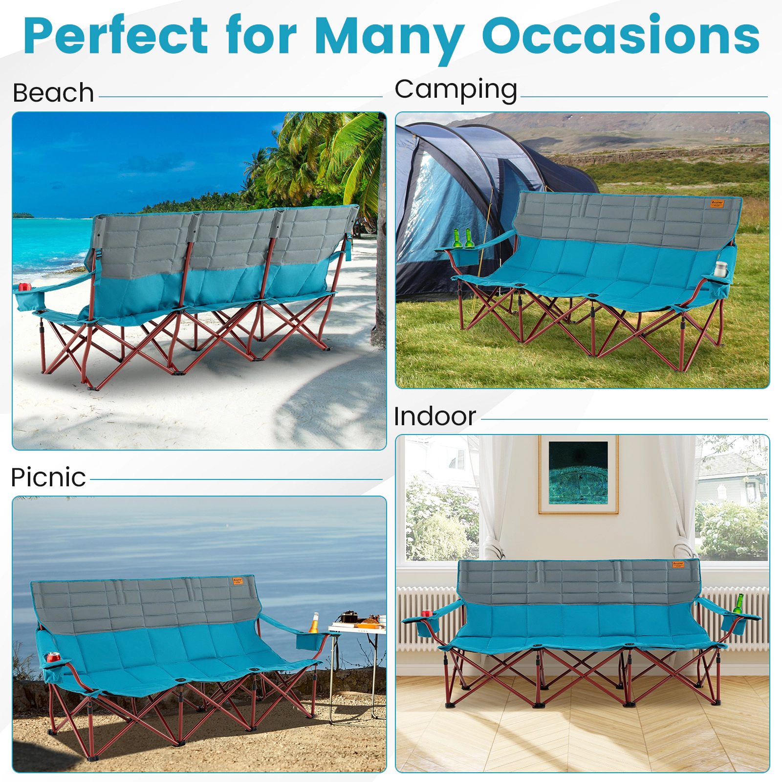 SUGIFT 3-Person Folding Camping Chair 900-lb Capacity with 2 Cup Holders and Storage Bag Blue
