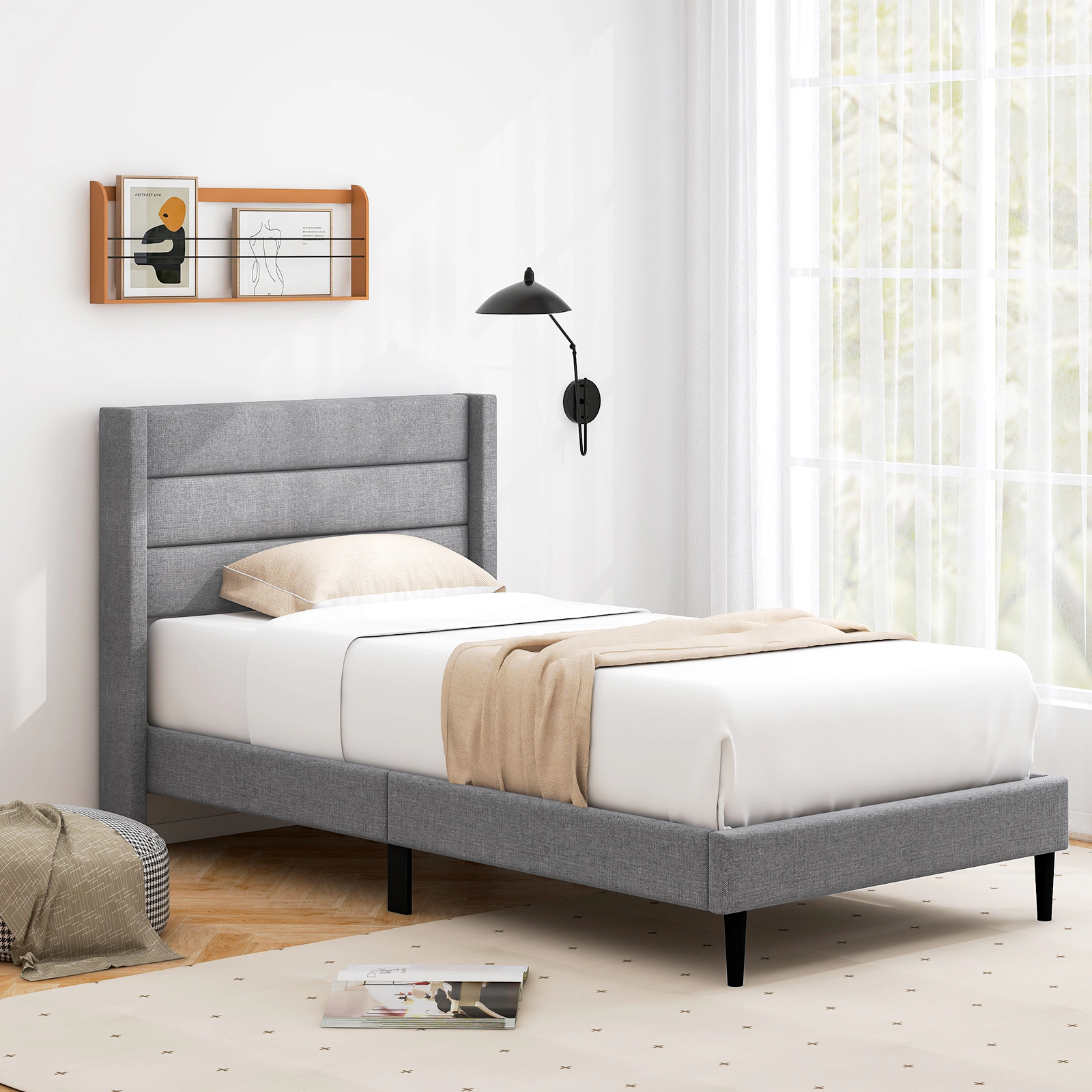 LJG Linen Upholstered Platform Twin/Queen Bed Frame with Wingback Headboard