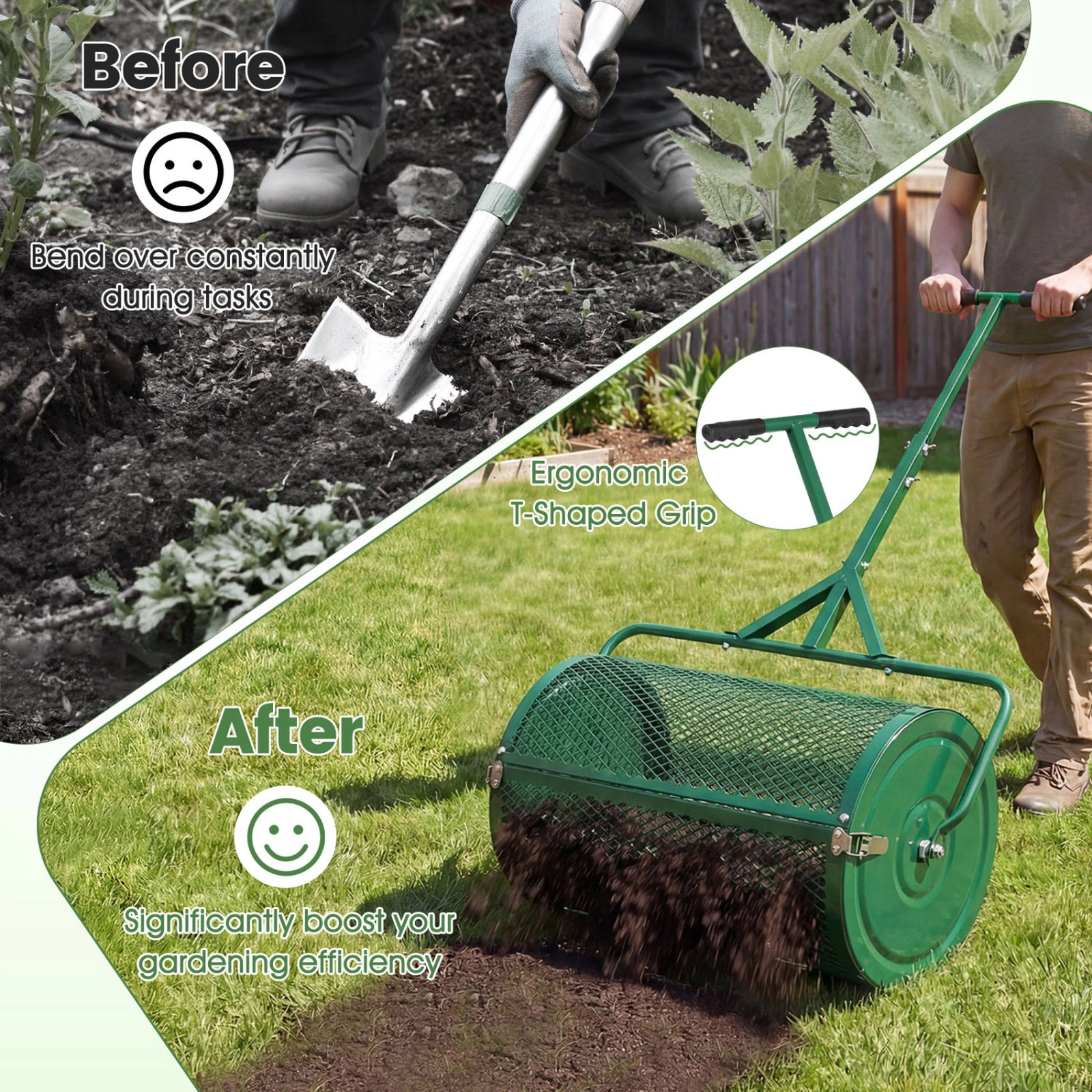 SUGIFT 24 in Compost Spreader Green Peat Moss Roller with Height Adjustable T-Handle