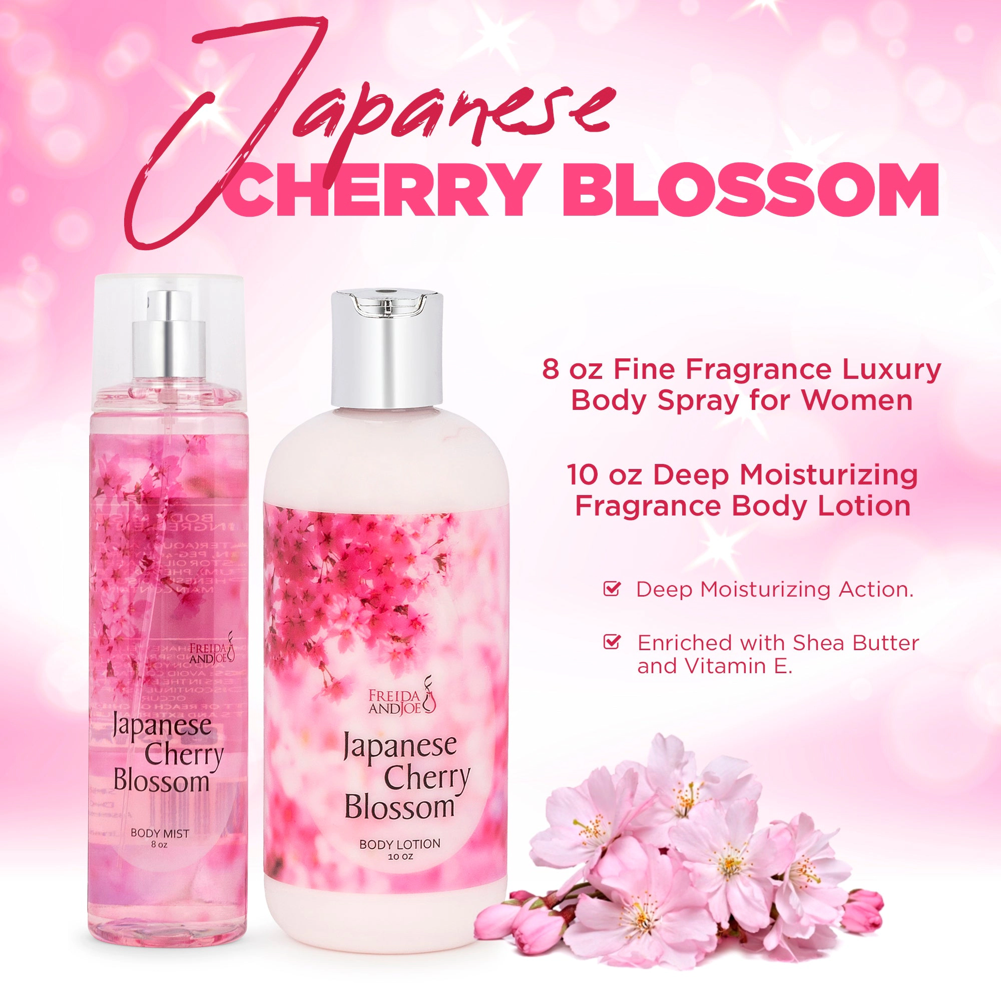 Freida and Joe 10oz Deep Moisturizing Fragrance Body Lotion & 8 oz. Fine Fragrance Body Mist Cherry Blossom Set
