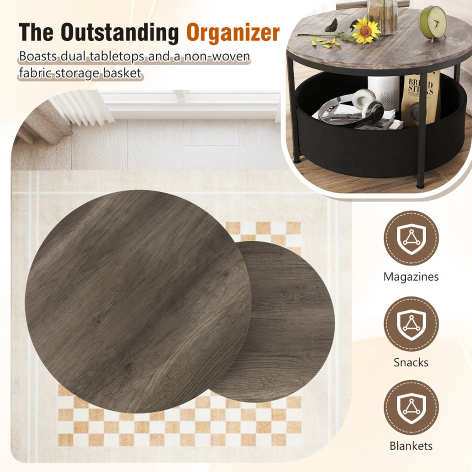 SUGIFT Round Nesting Coffee Table Set of 2 with Dual Tabletops Fabric Storage Basket 110-lb and 66-lb Capacity Gray