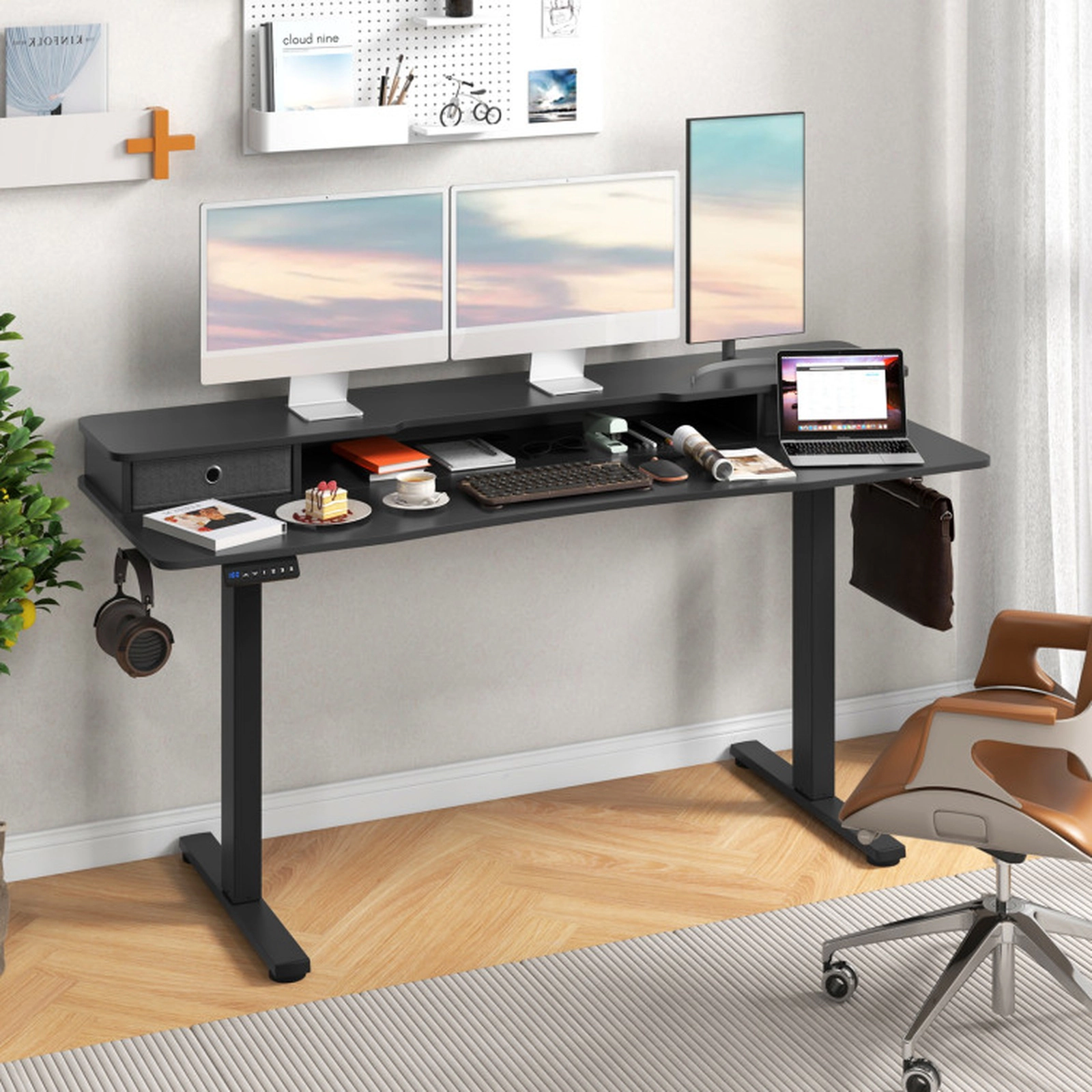 SUGIFT 63-in Black Large Electric Sit Stand Gaming Standing Desk with Dual Monitor Shelf and 2 Drawers