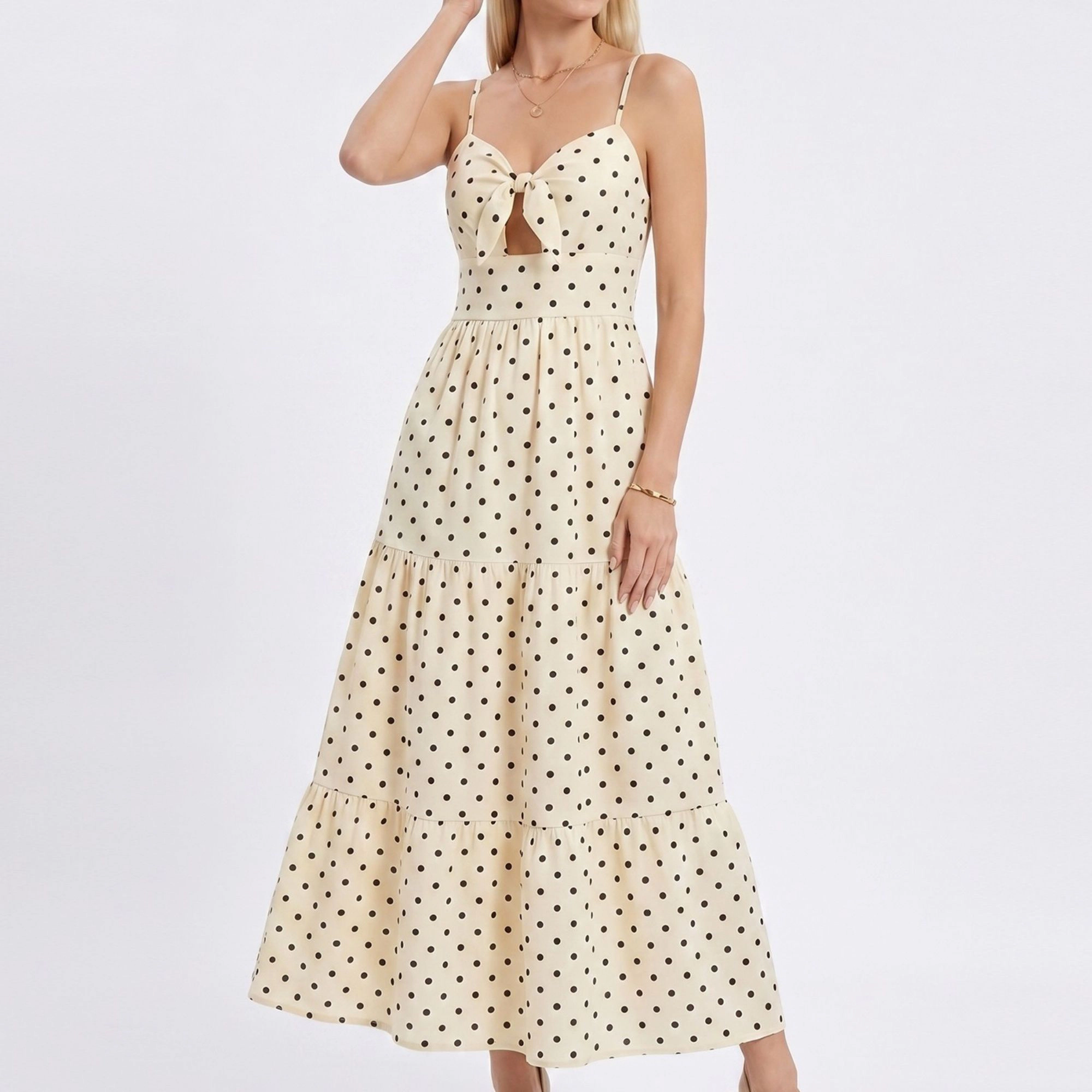 Anna-Kaci Women's Polka Dot Maxi Dress with Tie Front Cutout and Tiered Skirt