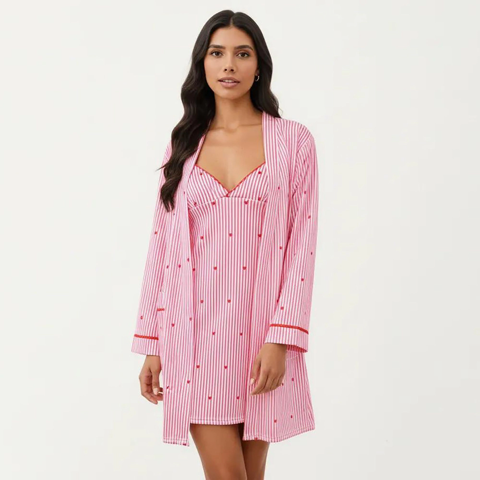 Anna-Kaci Women's 2-Piece Pajama Dress with V Neck and Long Sleeve Open Front Robe Striped Sleepwear Lounge Set