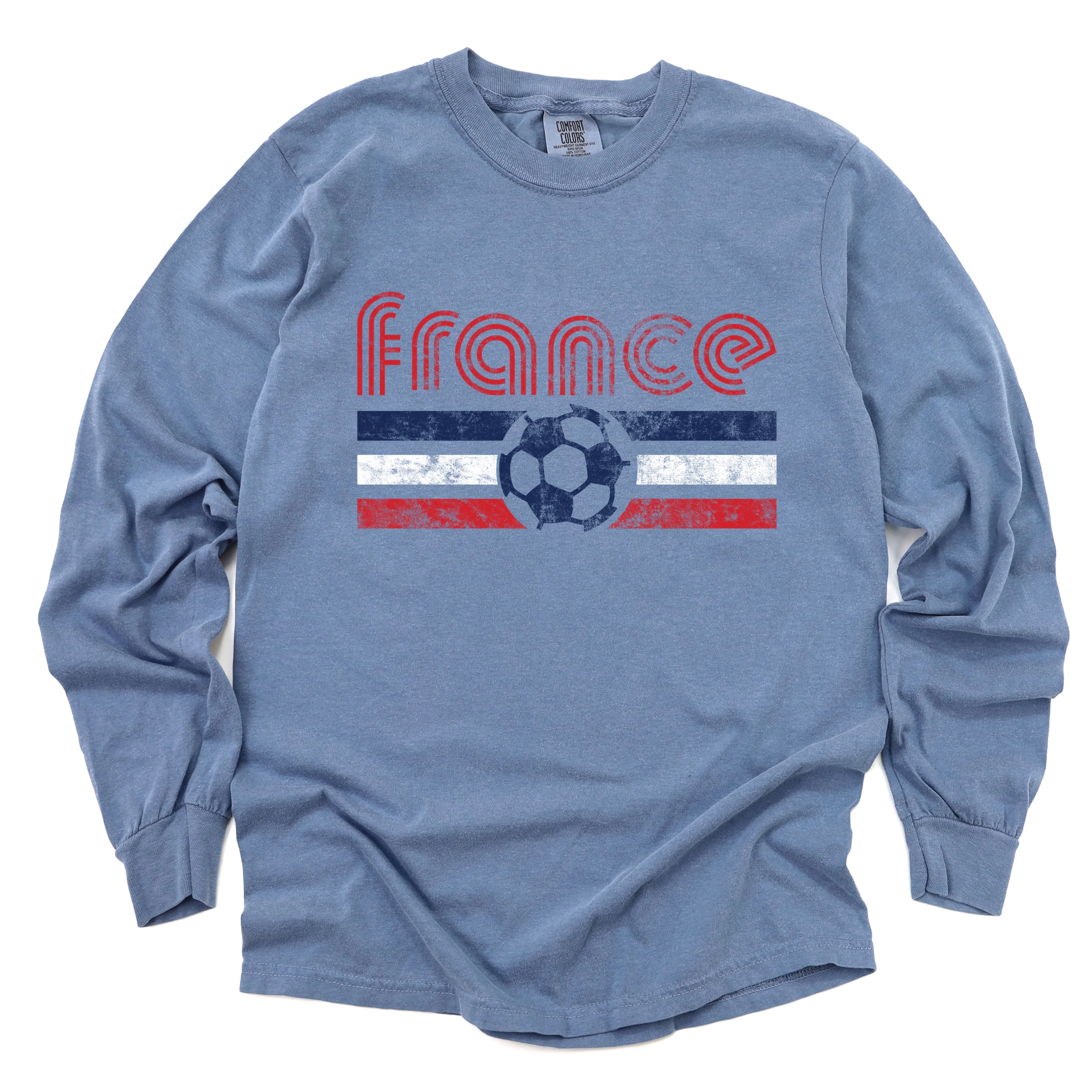 Simply Sage Market - France Soccer Flag Women's Garment Dyed Long Sleeve Graphic T-Shirt