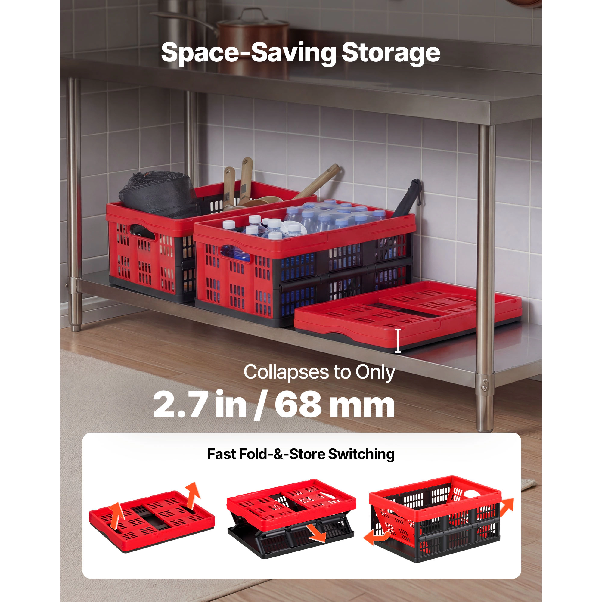 HONGGE Plastic Collapsible Storage Bins 3 Packs Stackable Folding Storage Crates with Handles Holds Per Bin Foldable