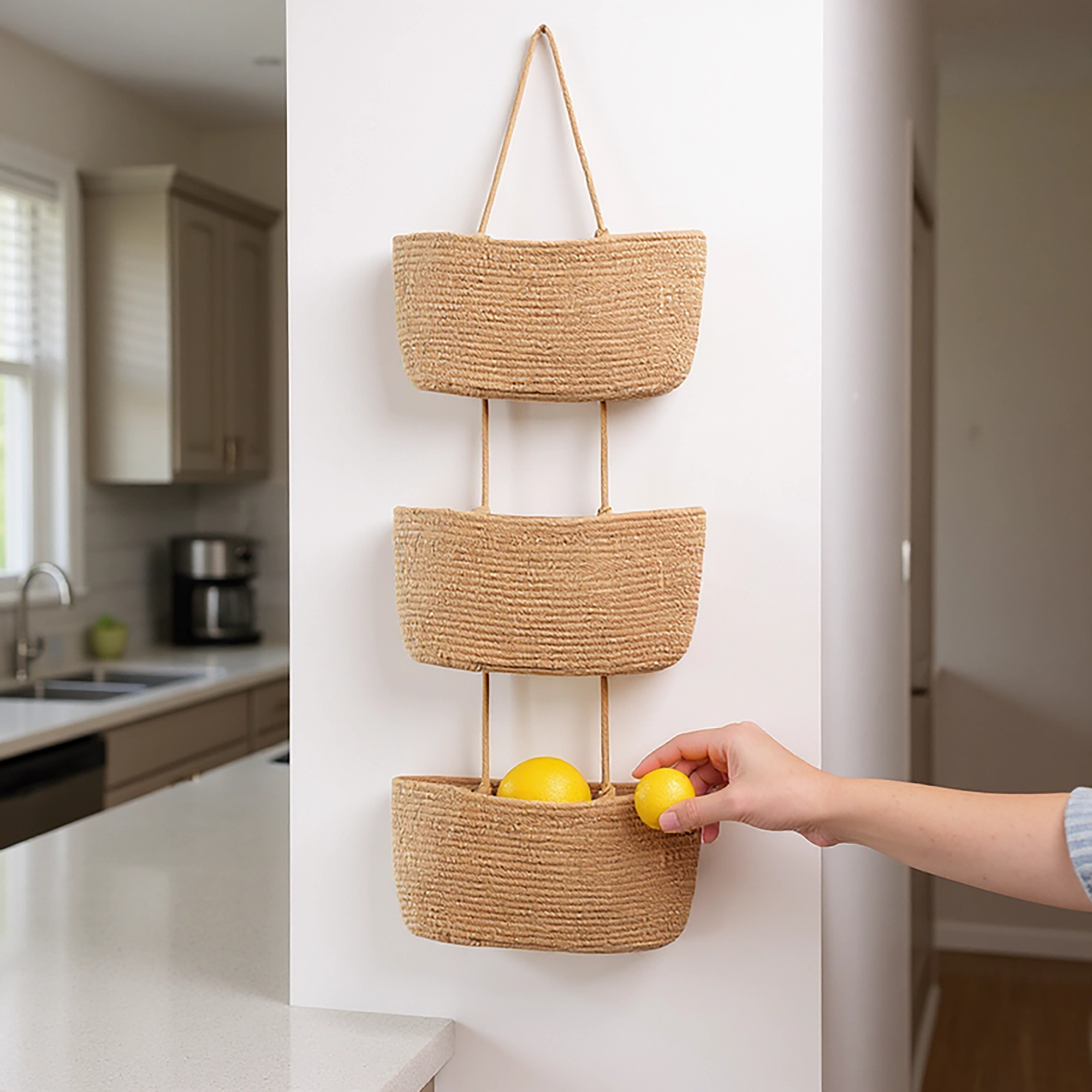 Alilang Women 3-Tier Hanging Rope Basket Organizer with Braided Design and Loop Handle 17.5in (5.5x2.8in)