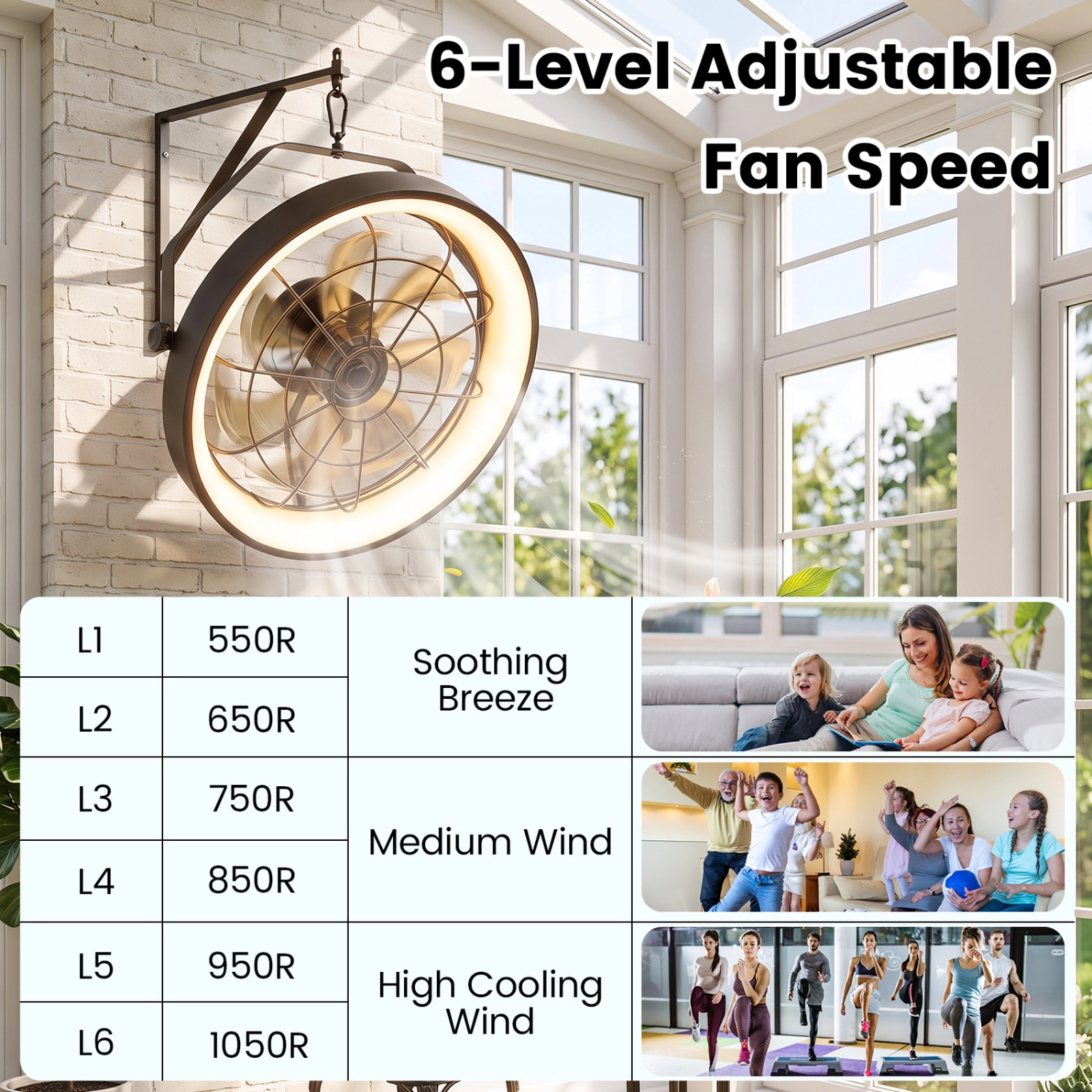 SUGIFT 20-in 6-Speed 180 Degree Adjustable Black Wall Mounted Fan with 3CCT Dimmable LED Light and Timer