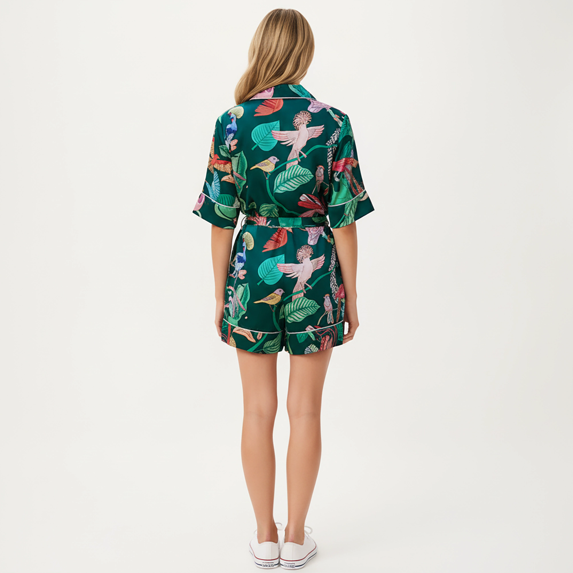 Anna-Kaci Women's Tropical Bird Print Satin Pajama Set Short Sleeve Button Up Top and Relaxed Fit Elastic Waist Shorts