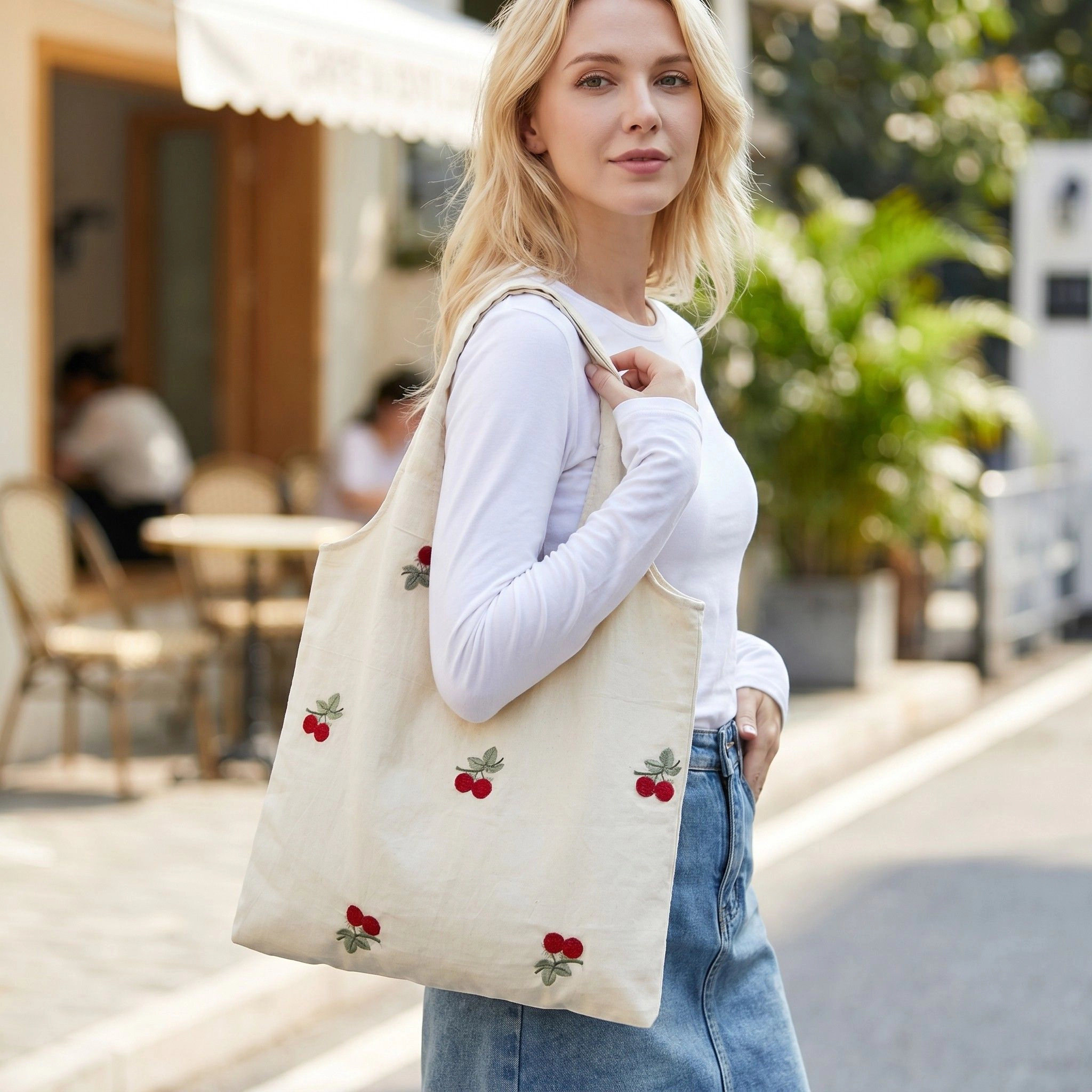 Alilang Women's Cherry Embroidered Slouchy Shoulder Tote Bag Soft Lightweight Fabric Everyday Carryall86