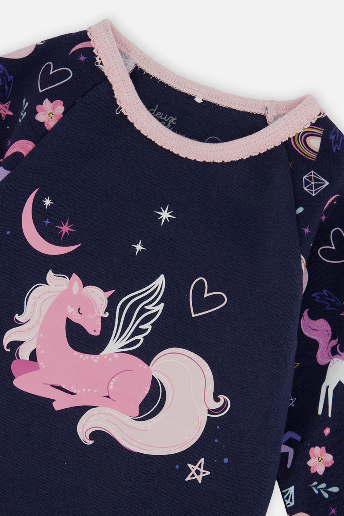 Deux par Girls Organic Cotton Unicorn Two Piece Pajama Set with Raglan Sleeve Top and Waist Pants