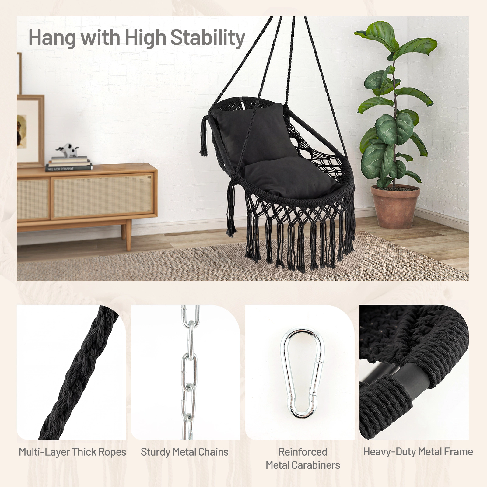 SUGIFT Black Hanging Hammock Chair with Cushions, Chain and Ceiling Hardware