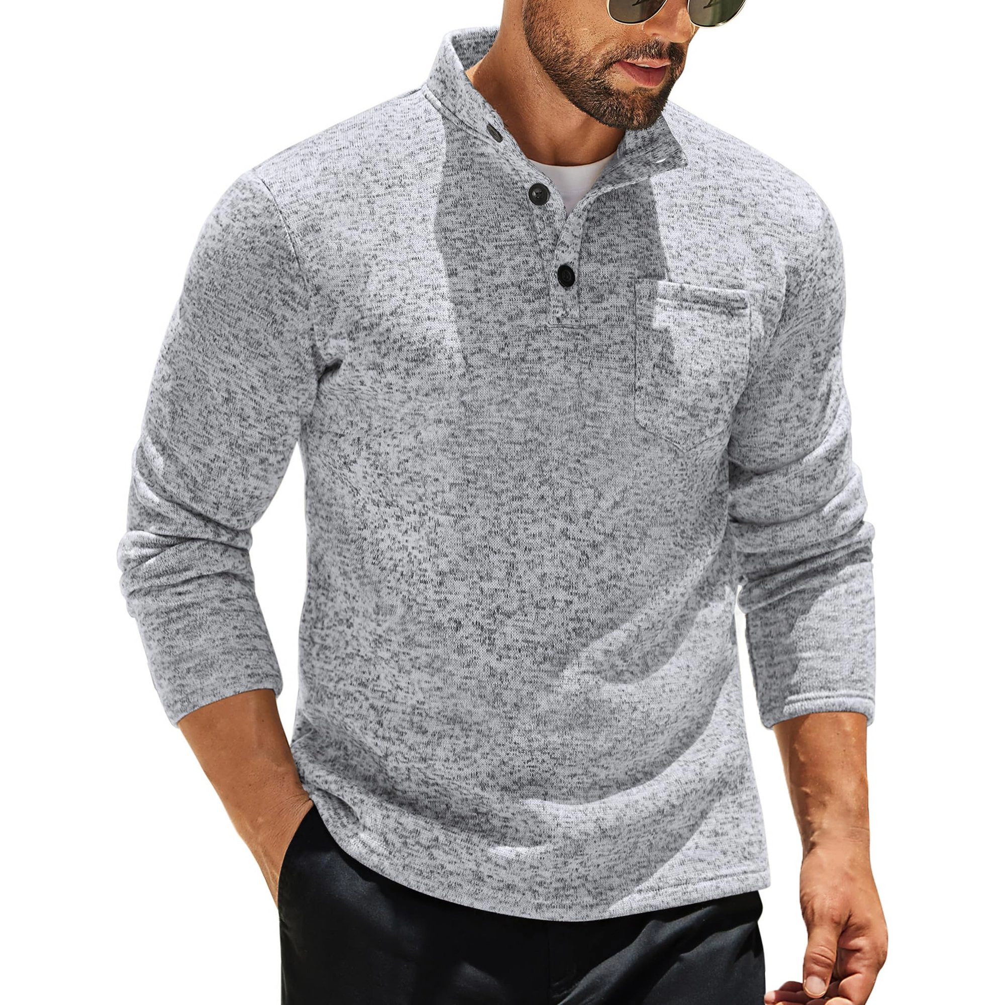 COOFANDY Mens Long Sleeve Henley Shirt Fall Mock Neck Button Up Chest Pocket Tops