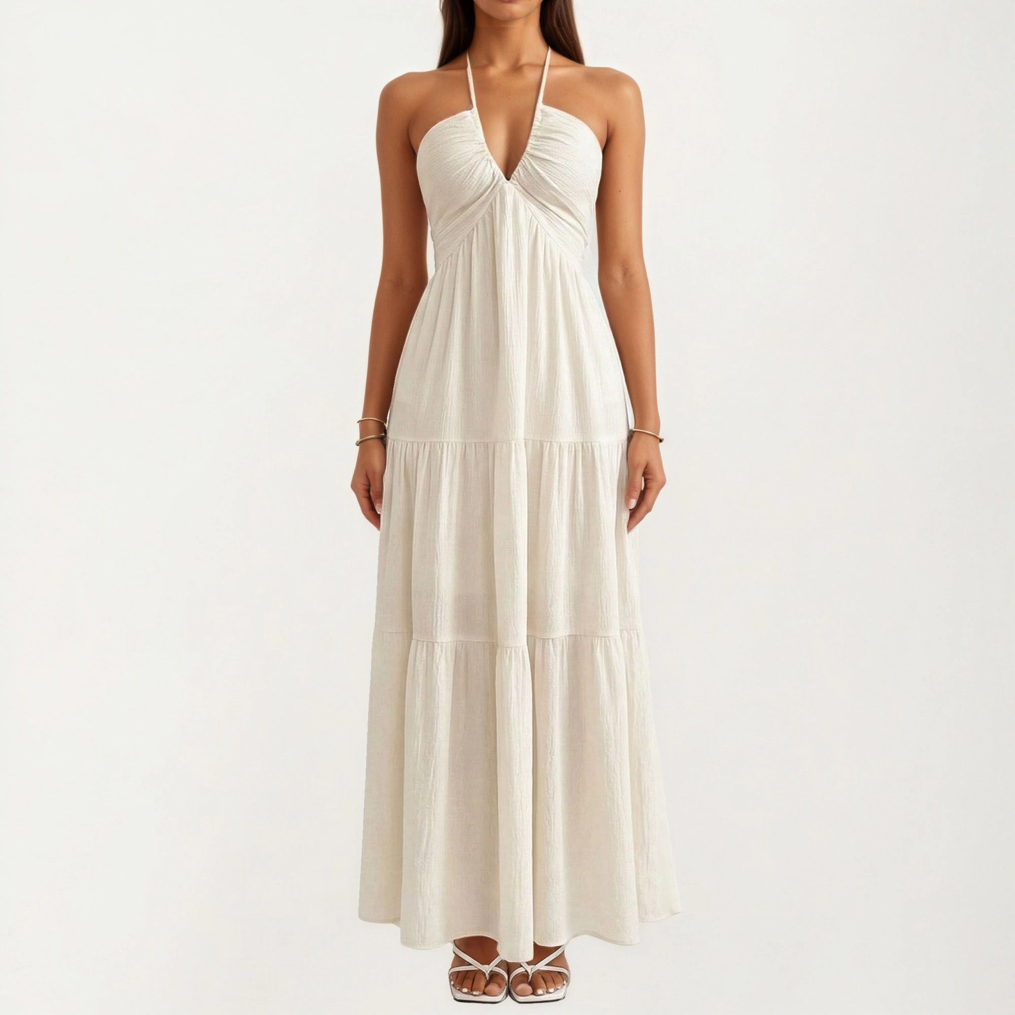 Anna-Kaci Womens Halter Neck Twist Front Tiered Maxi Dress