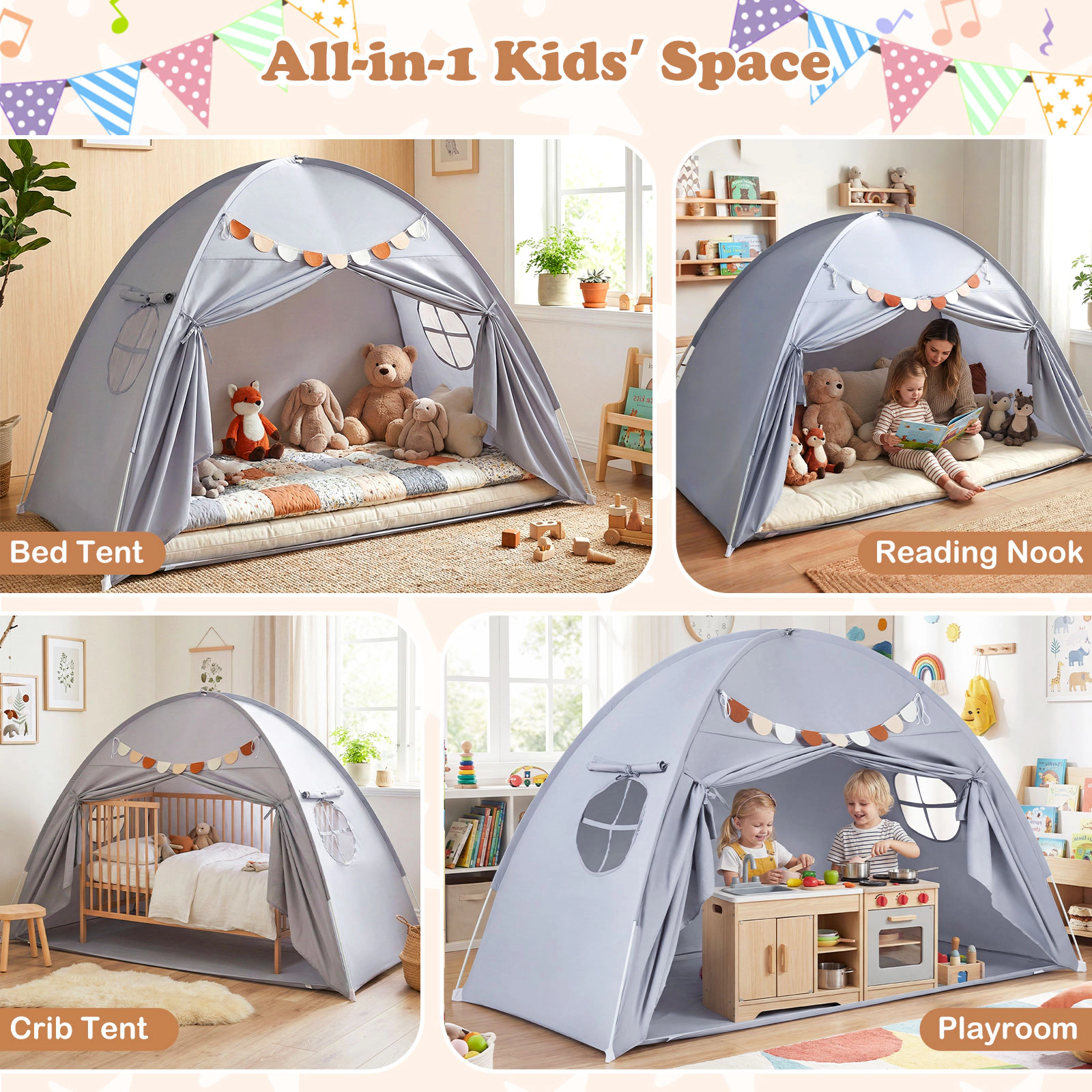 SUGIFT Indoor Canopy Tent for Twin Bed Kids Ages 3+ 79-in Long Brushed Fabric Gray