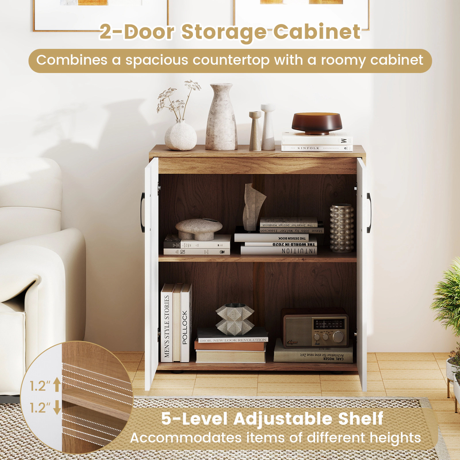 Glintex 32.5-Inch Coffee Bar Cabinet with 5-Level Shelf and Soft-Close Doors, White & Natural