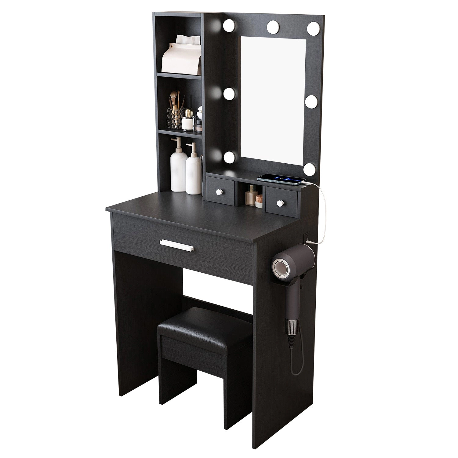 GBruno LED Lighted Vanity Desk Set With Padded Stool