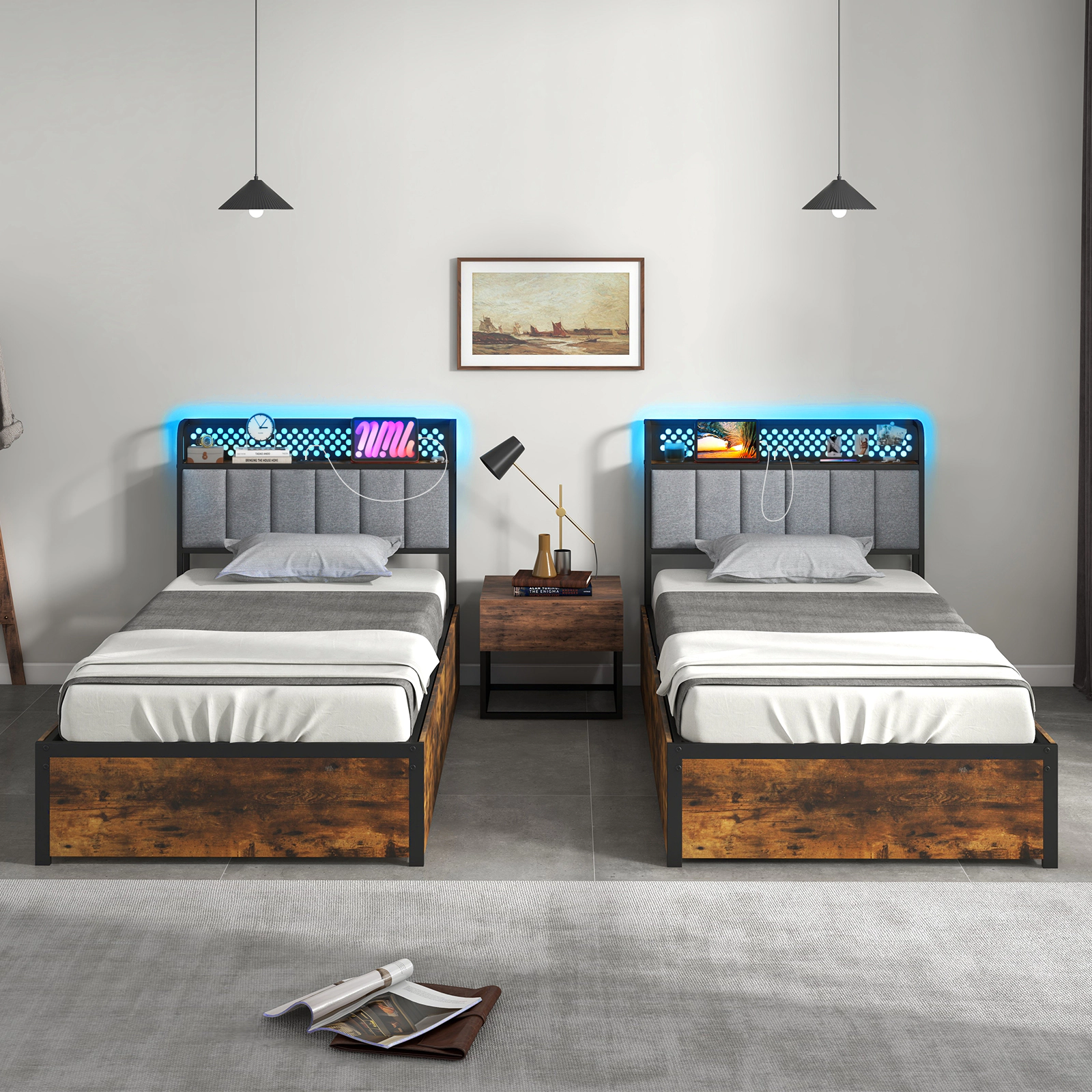 SUGIFT Twin Size 4-Drawer LED Storage Bed Frame with Upholstered Headboard and Power Outlets Rustic Brown