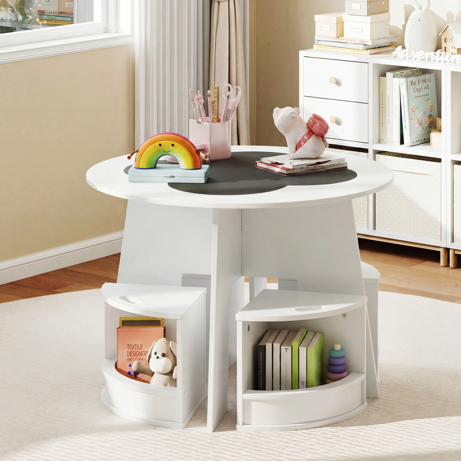 SUGIFT Space-Saving Kids Round Table and Chair Set 66-lb Tabletop Capacity Ages 3+ White